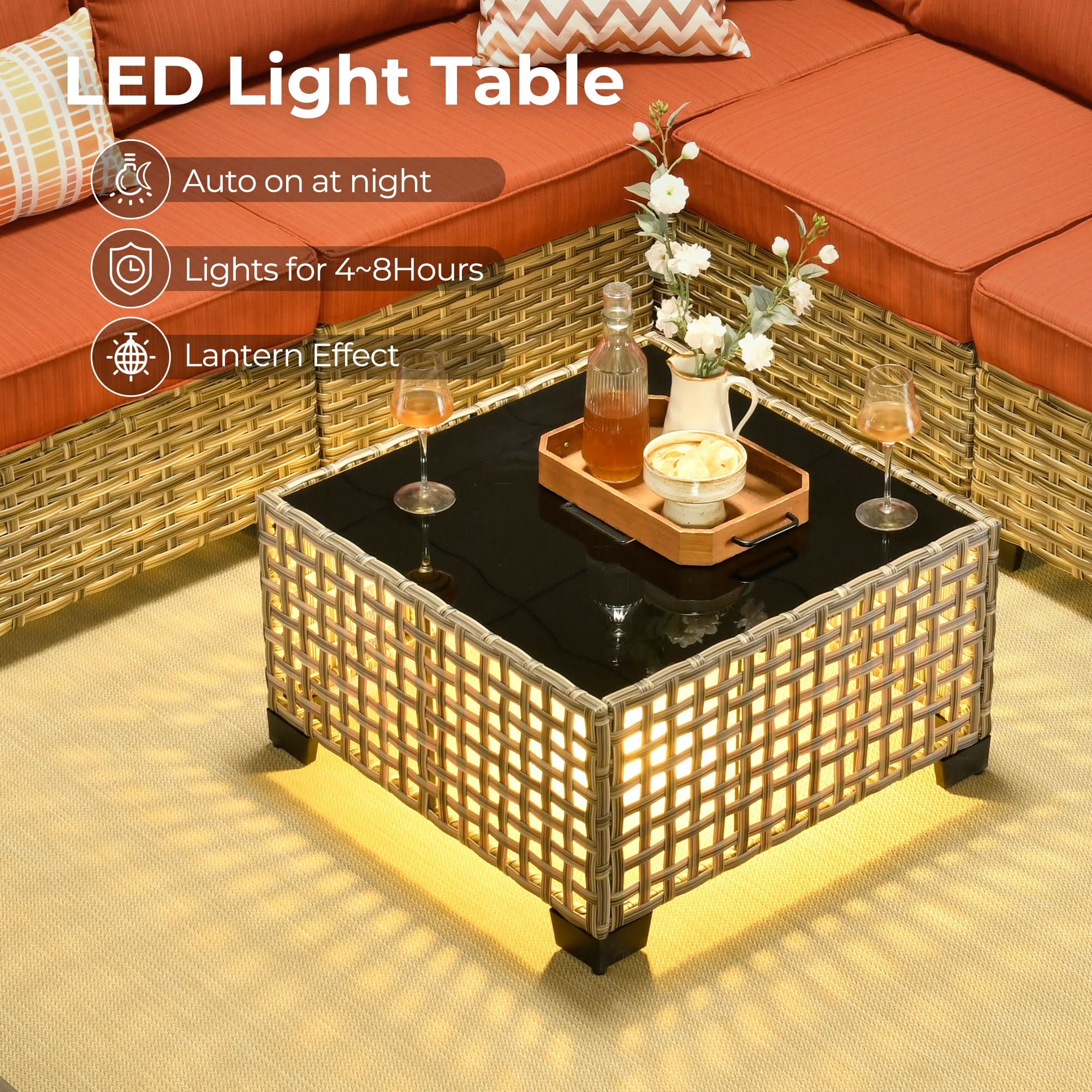 Wicker patio table with LED lantern effect, part of TBS sectional set. #Color_Coffee Wicker Orange Red Cushion