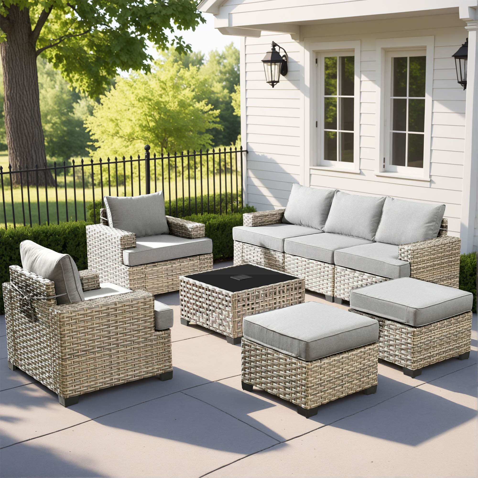 TBS Series 8-piece rattan sectional patio furniture set with grey cushions.