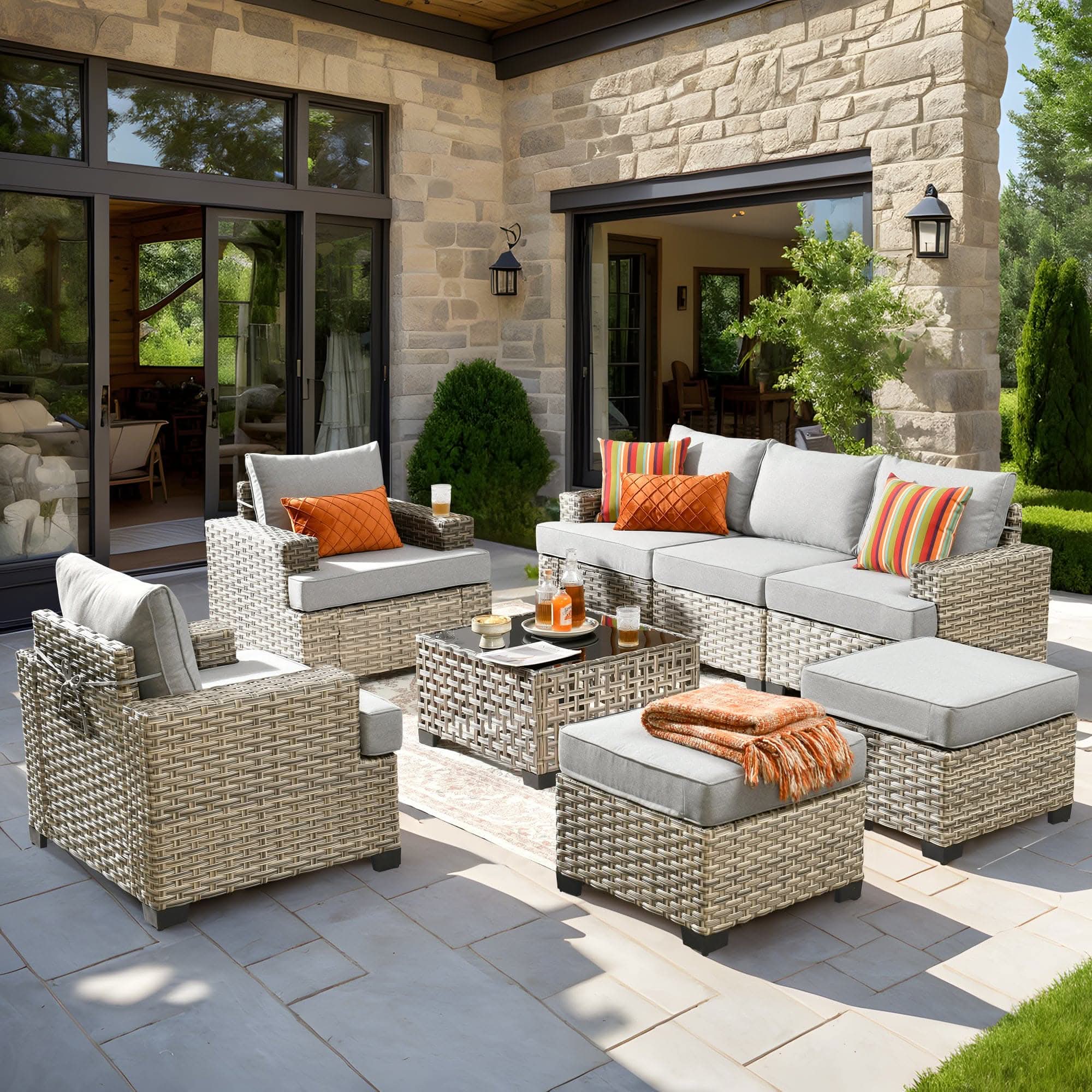 Wicker 8-Piece Sectional Patio Furniture Set with Gray Cushions #Color_Coffee Wicker Light Grey Cushion