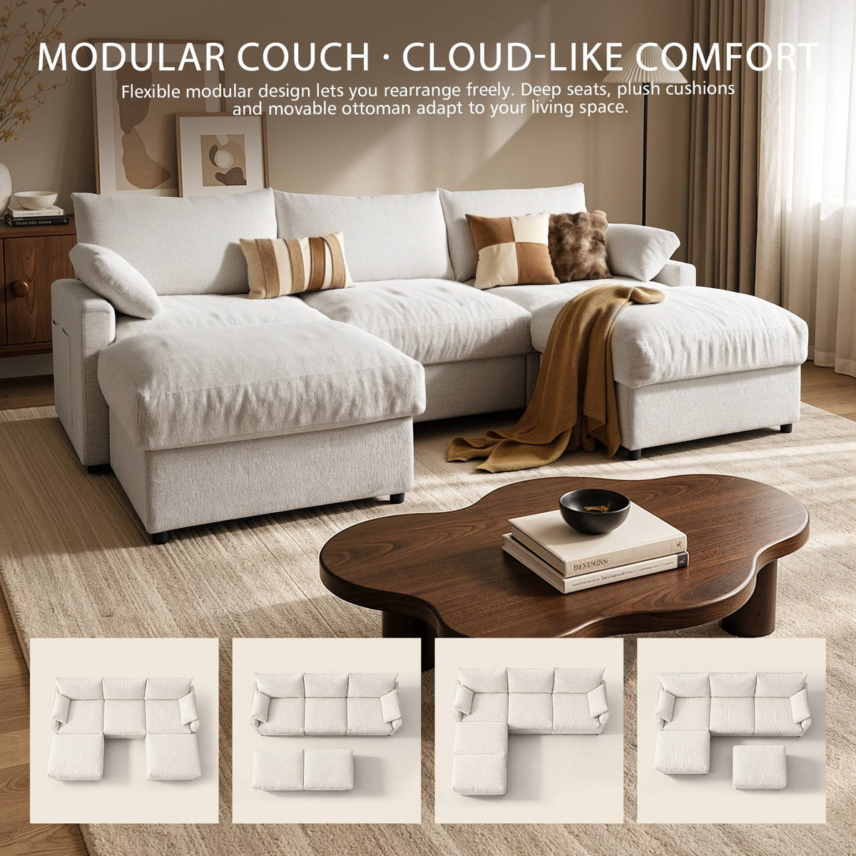 OVIOS 110" U-Shaped Sectional Sofa with 2 Movable Ottomans