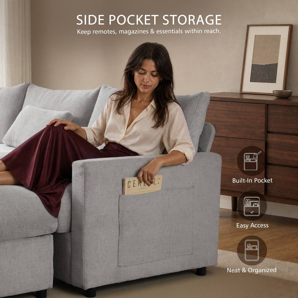 OVIOS 110" U-Shaped Sectional Sofa with 2 Movable Ottomans