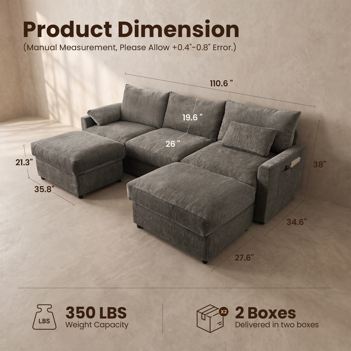 OVIOS 110" U-Shaped Sectional Sofa with 2 Movable Ottomans