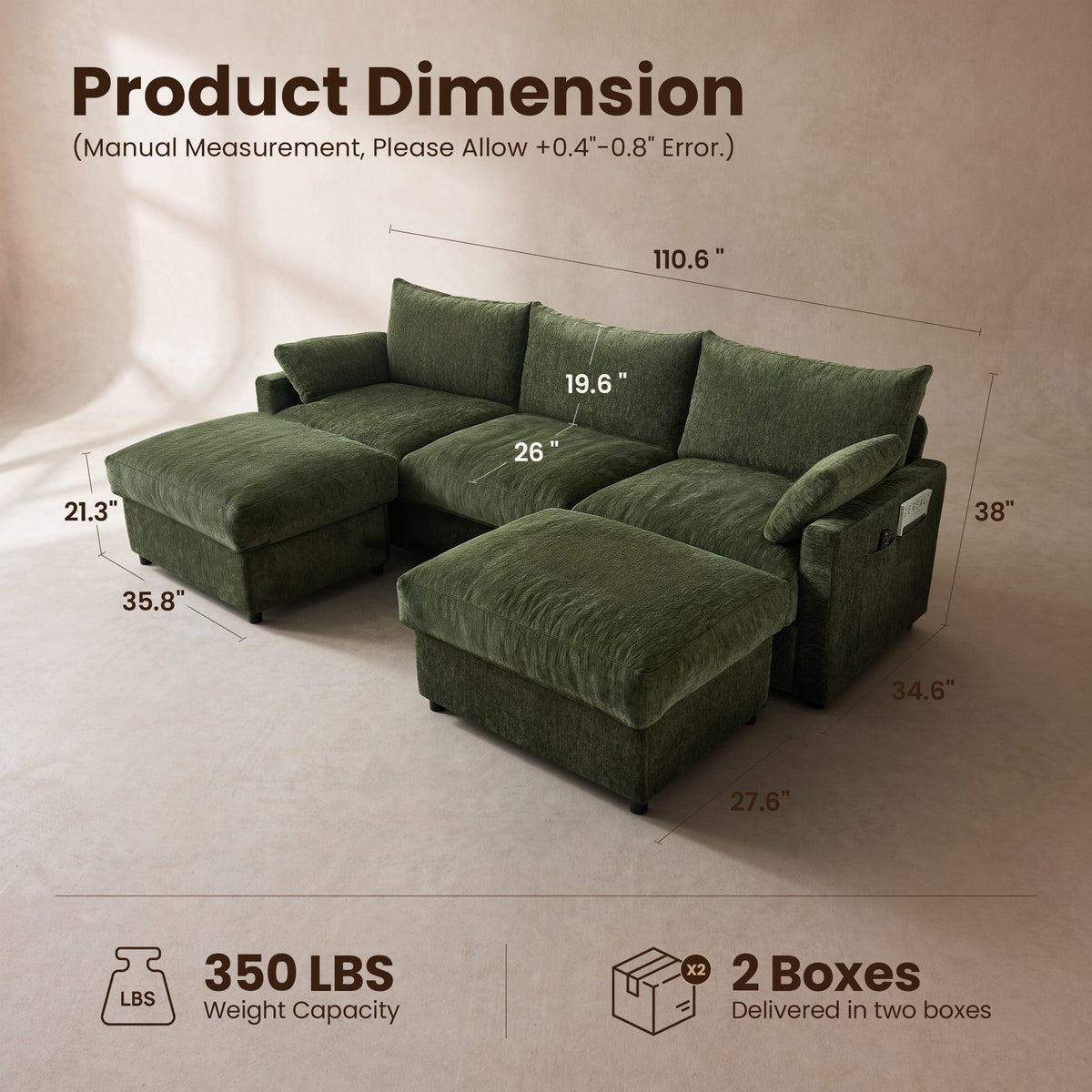 OVIOS 110" U-Shaped Sectional Sofa with 2 Movable Ottomans