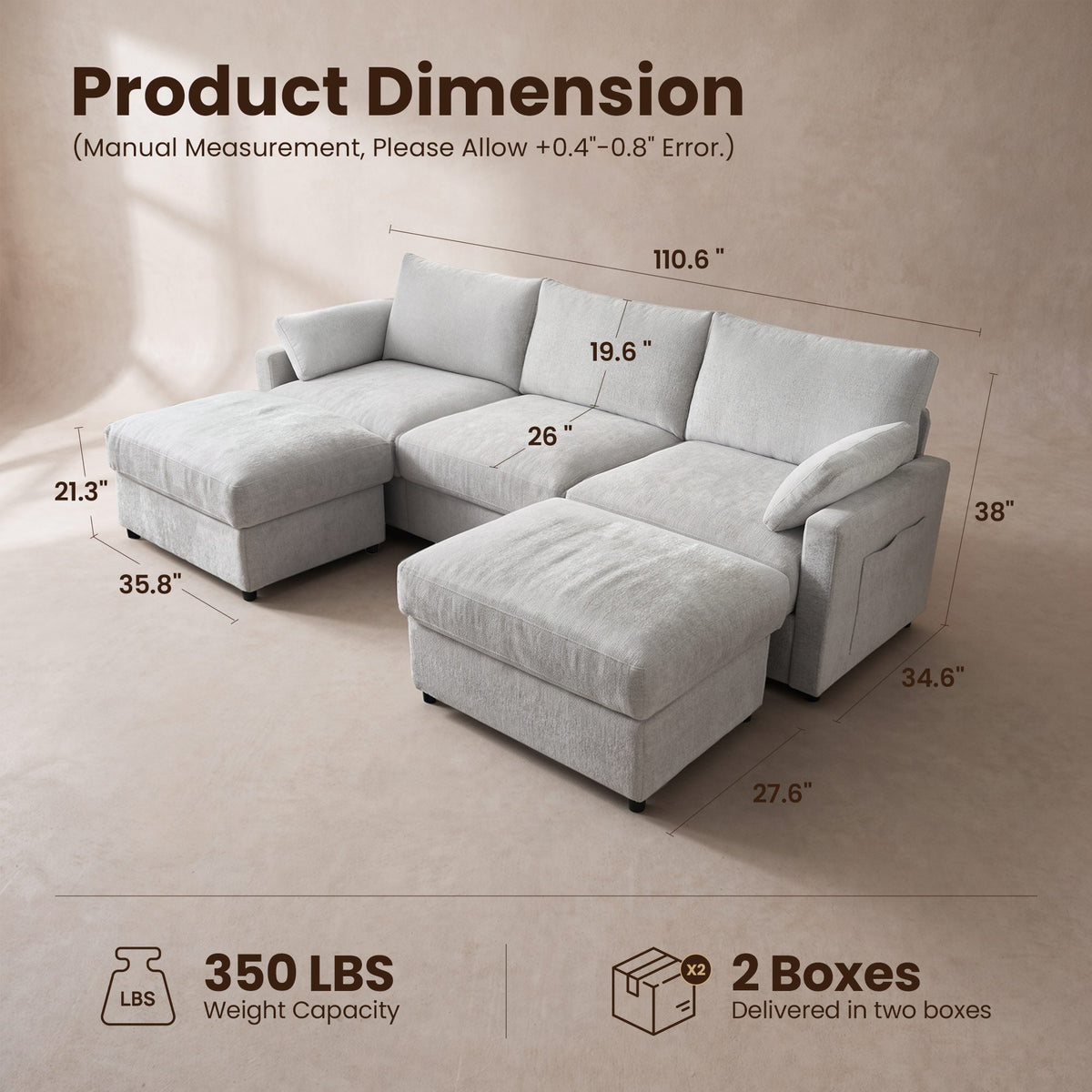 OVIOS 110" U-Shaped Sectional Sofa with 2 Movable Ottomans