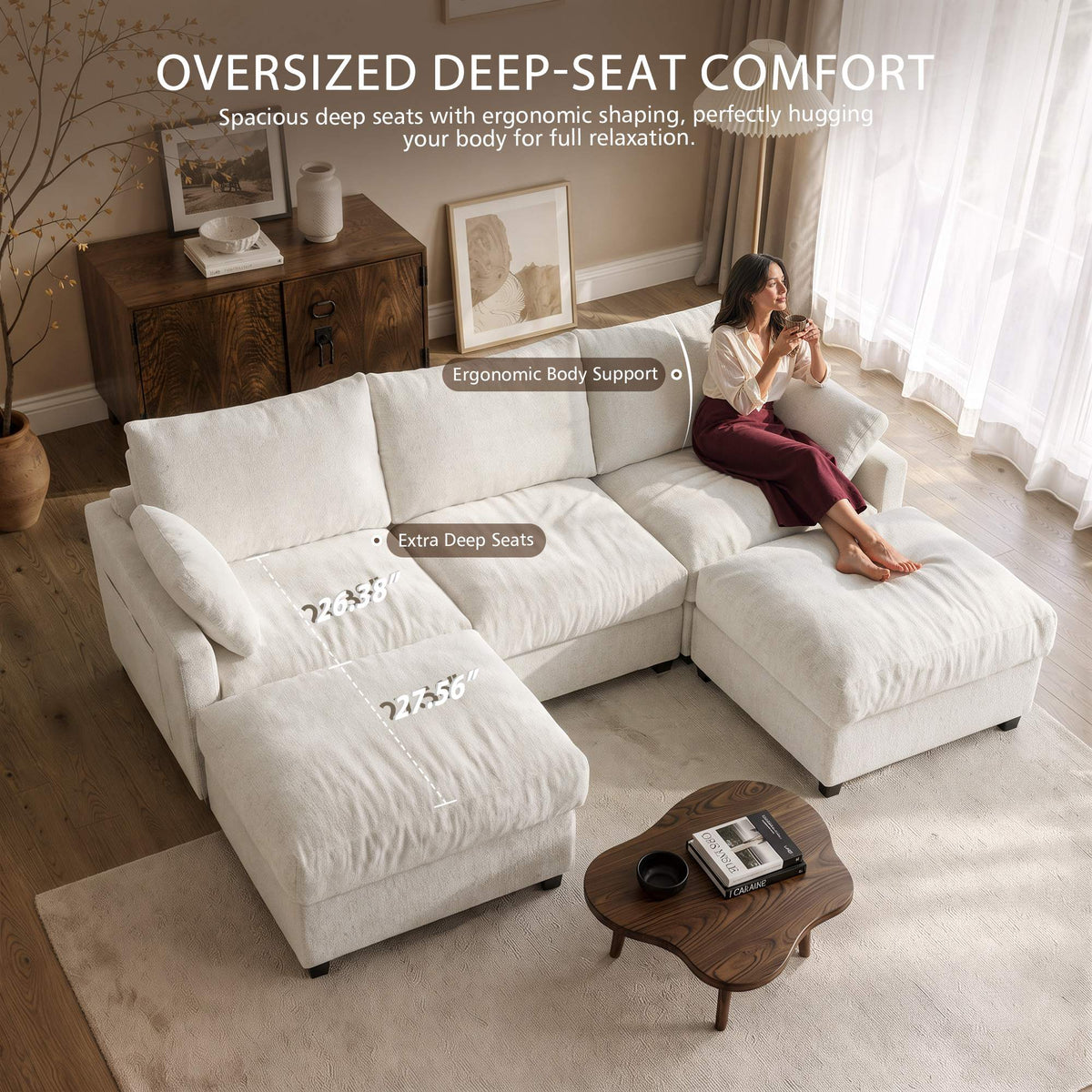 OVIOS 110" U-Shaped Sectional Sofa with 2 Movable Ottomans