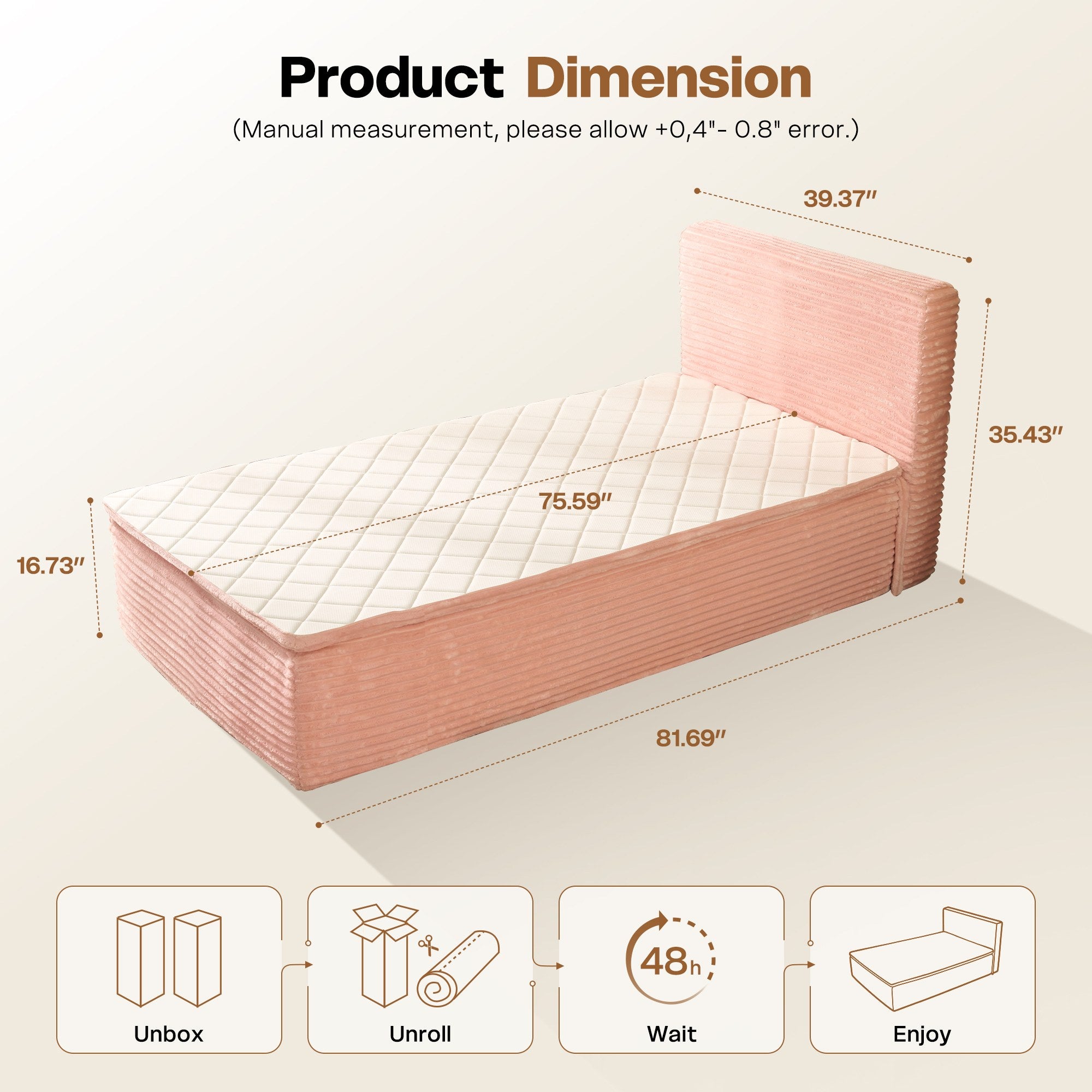 OVIOS pink compressed bed dimensions and 4-step setup guide.