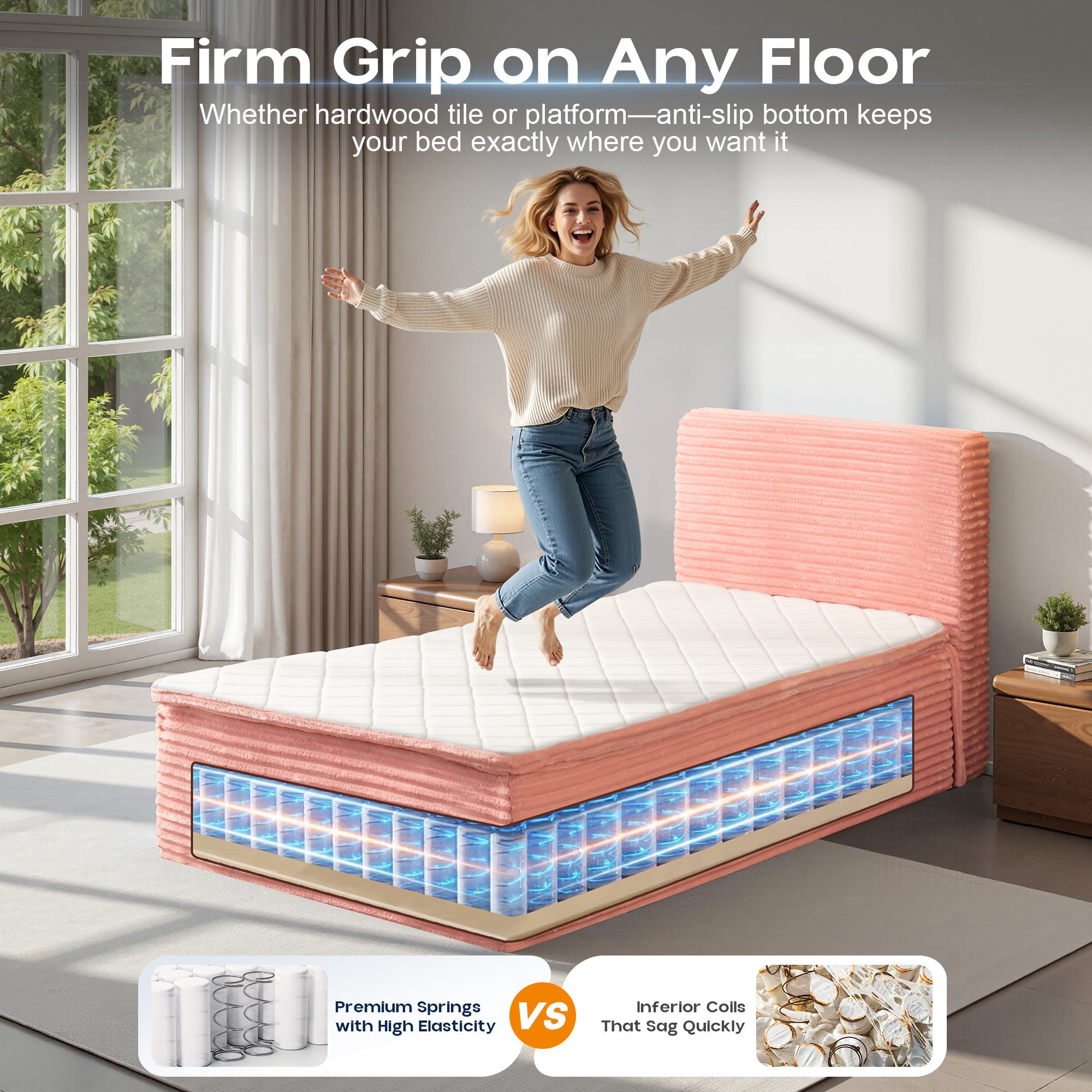 OVIOS Upholstered Bed, No Assembly & Space-Saving for Small Spaces