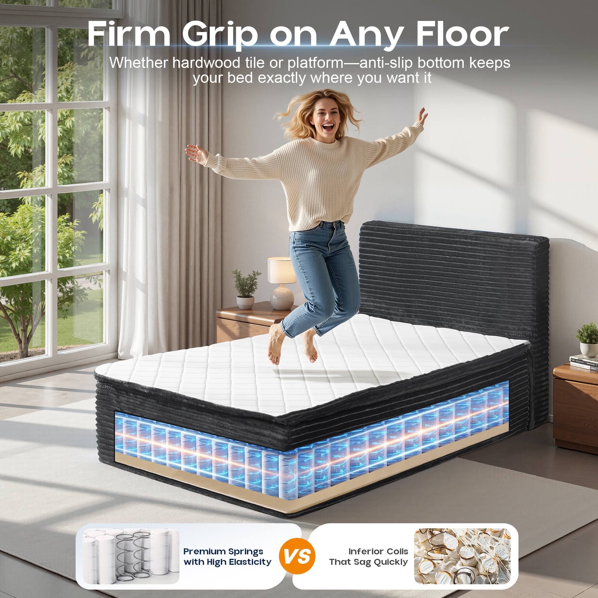 OVIOS Upholstered Bed, No Assembly & Space-Saving for Small Spaces