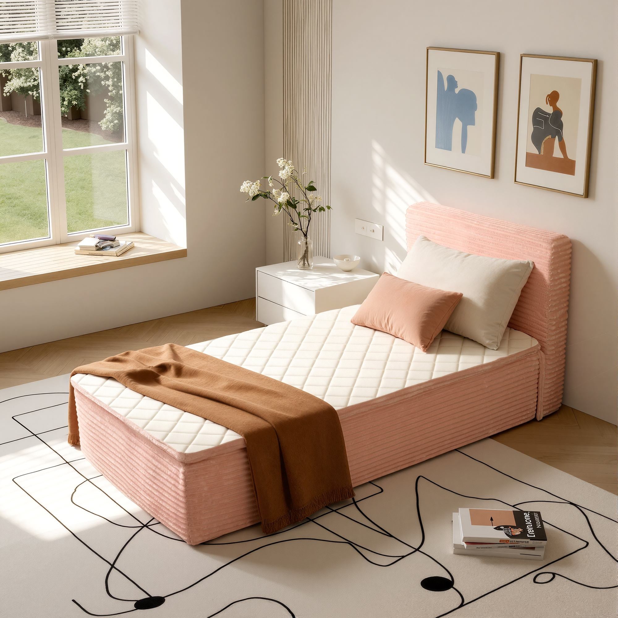 OVIOS pink corduroy compressed bed, space-saving and no-assembly design.