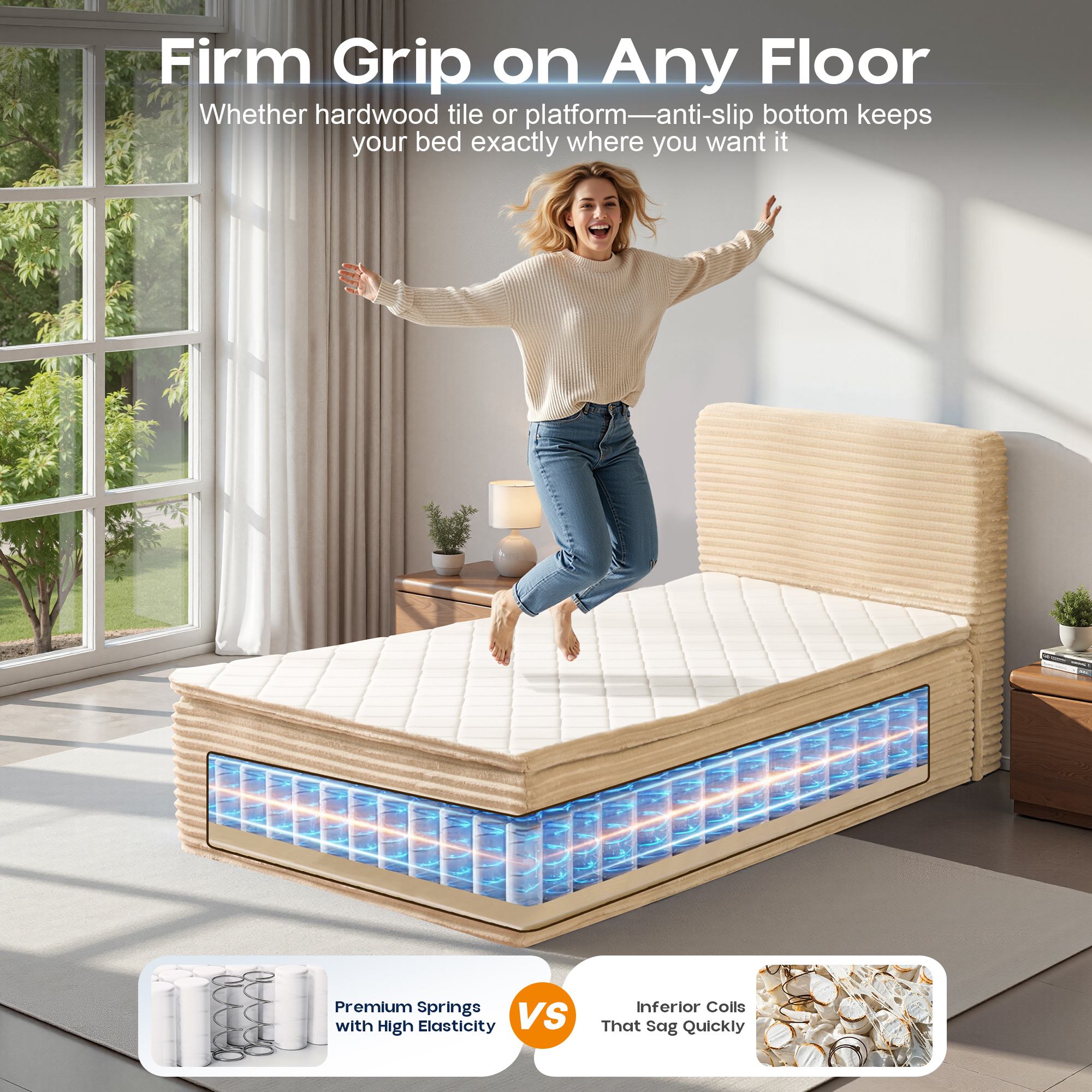 OVIOS Upholstered Bed, No Assembly & Space-Saving for Small Spaces