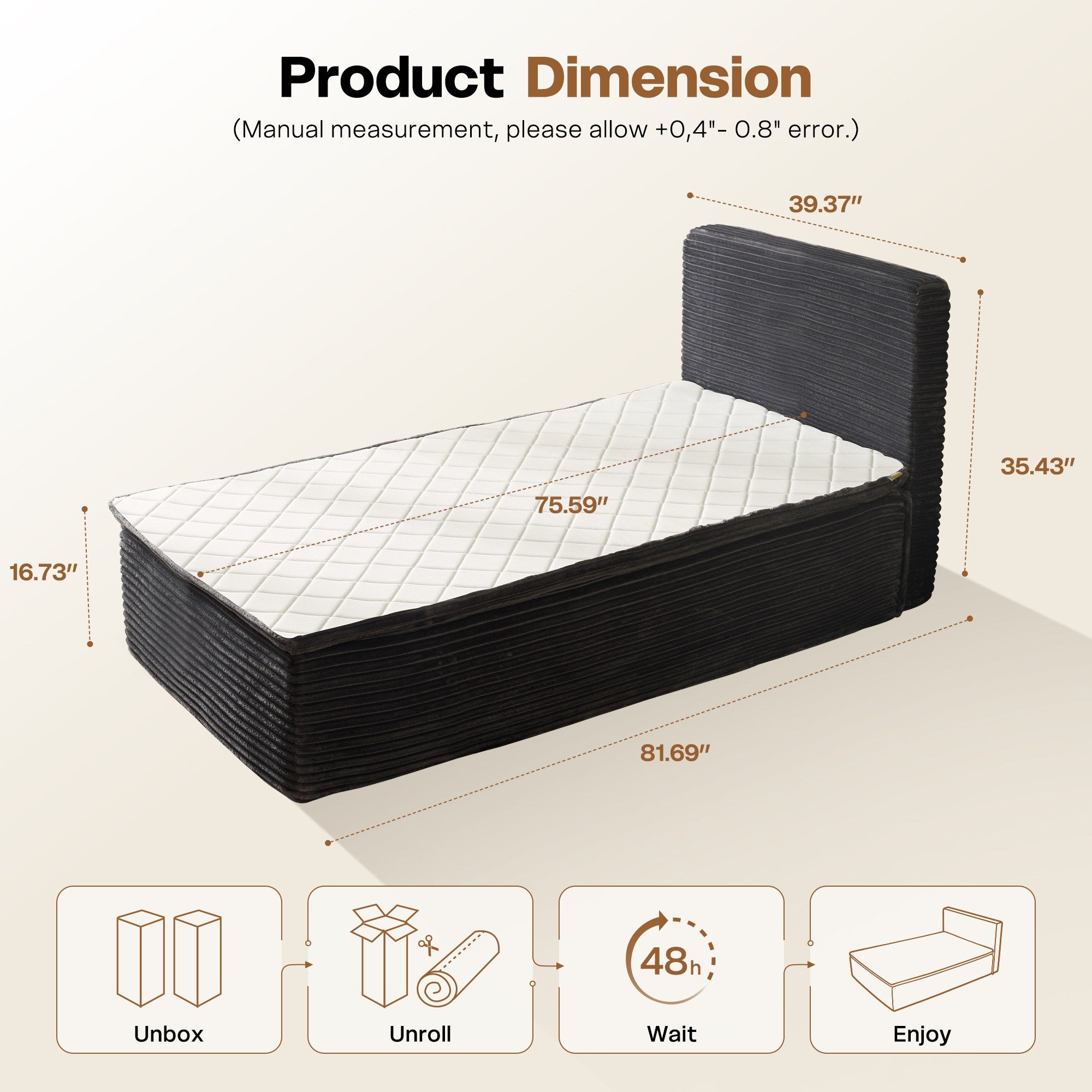 OVIOS compressed bed: dimensions, easy setup, space-saving design.