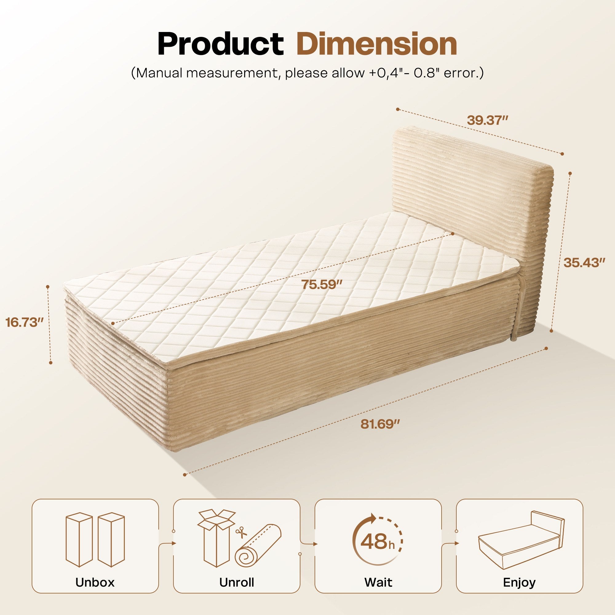 OVIOS compressed bed dimensions diagram: 81.69"L x 35.43"H, setup process. Beige corduroy.