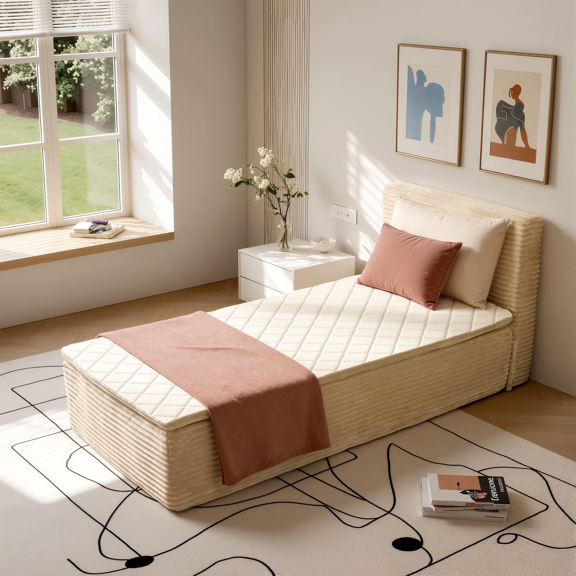 OVIOS beige corduroy compressed bed, no assembly, space-saving design.