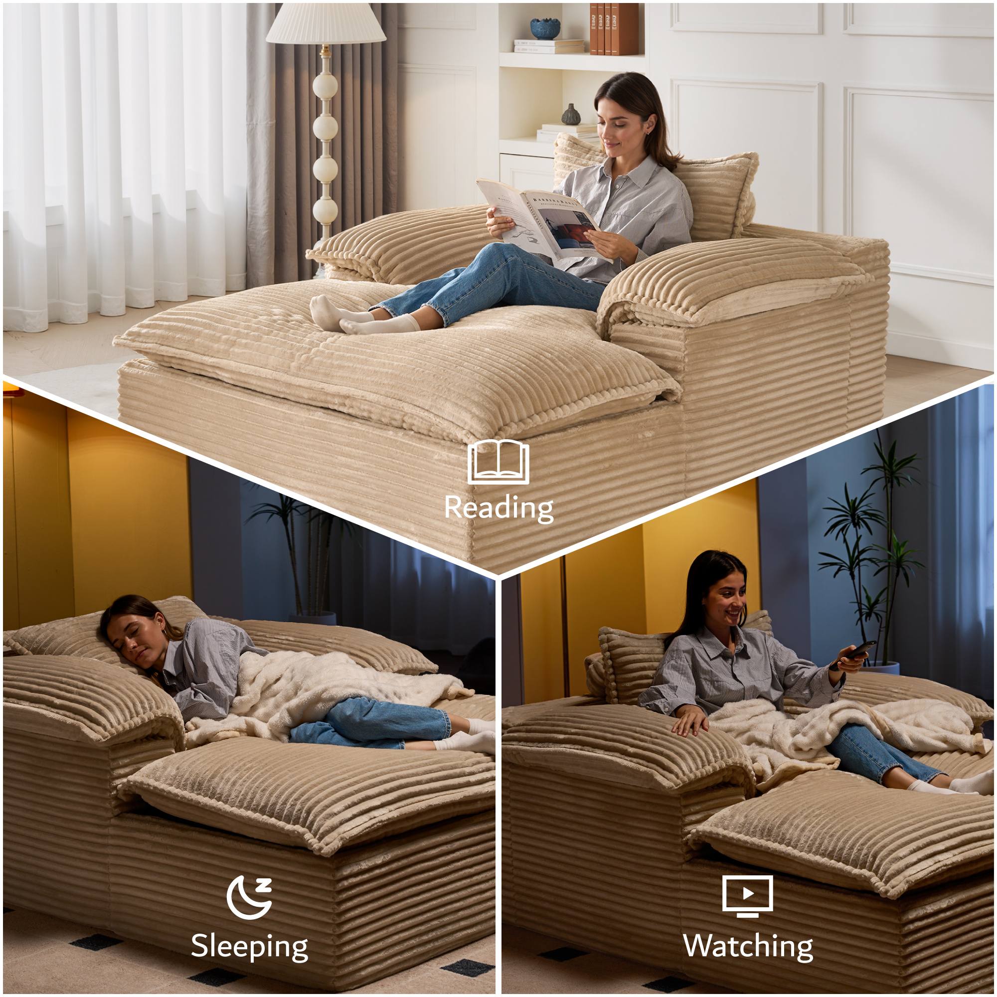 OVIOS 67" Boneless Lounge Chaise with Cloud Plush Sofa Bed, No Assembly Required