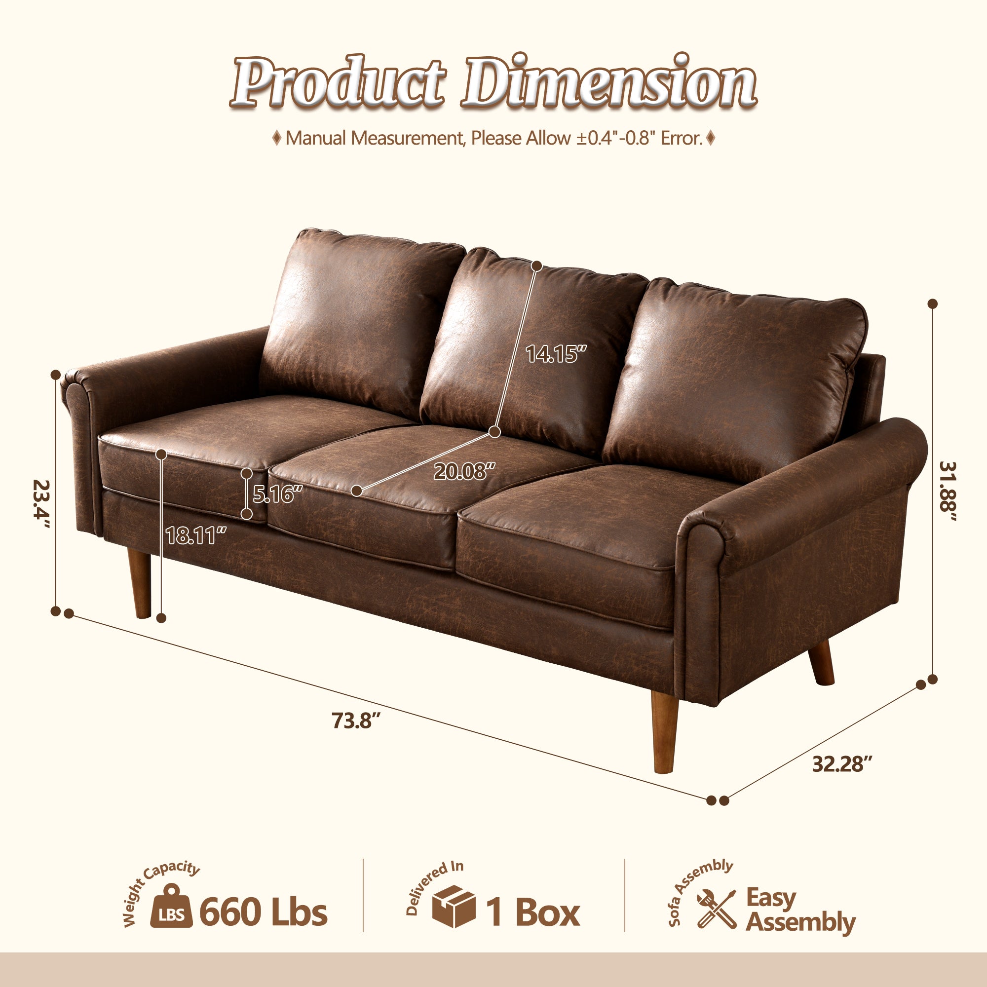 OVIOS 73.6'' Mid Century Style Sofa 3 Seater