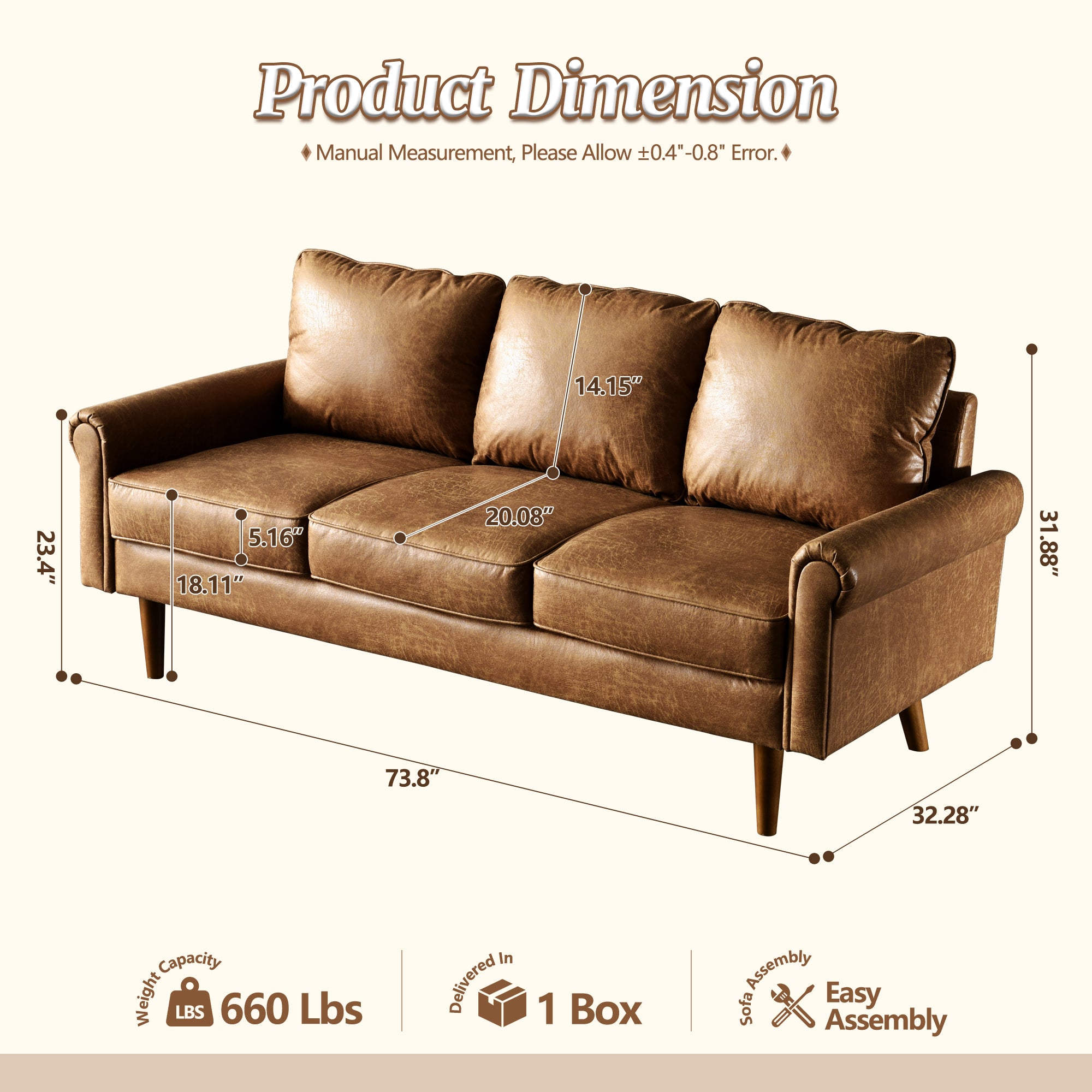 OVIOS 73.6'' Mid Century Style Sofa 3 Seater