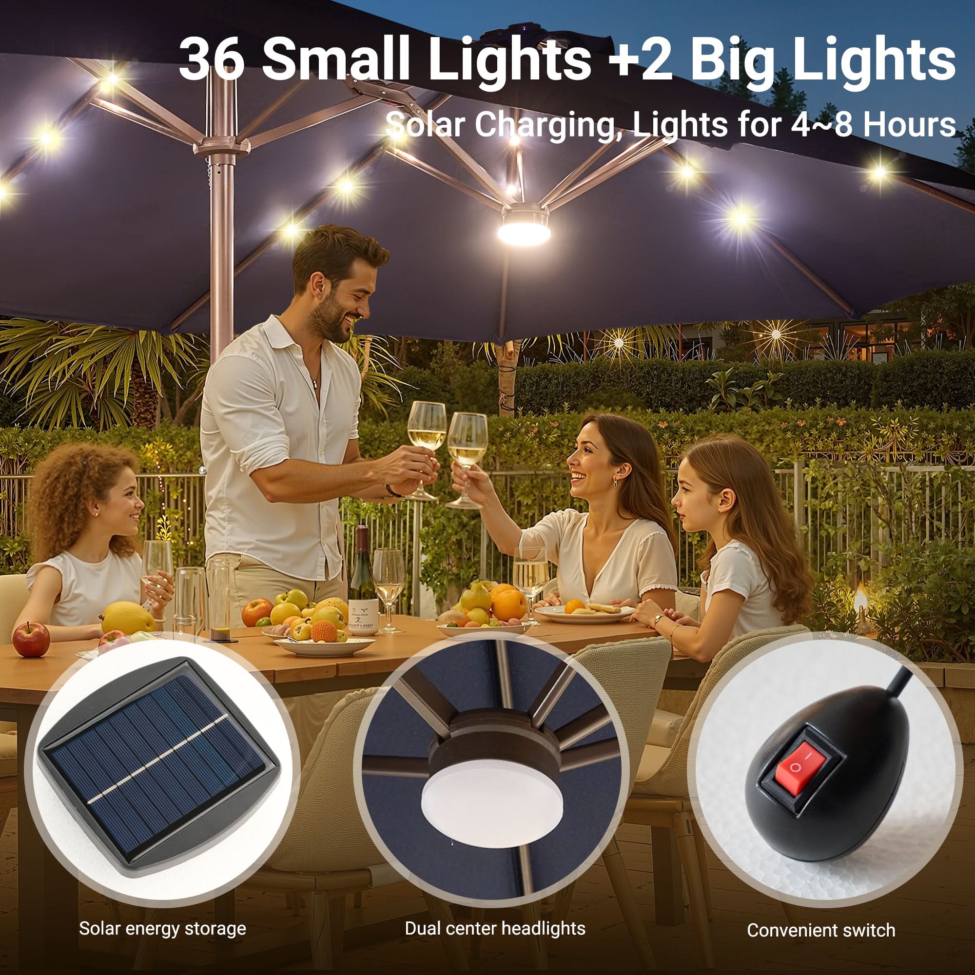 OVIOS double-sided solar powered patio umbrella with 36+2 LED lights for evening outdoor dining.Navy Blue