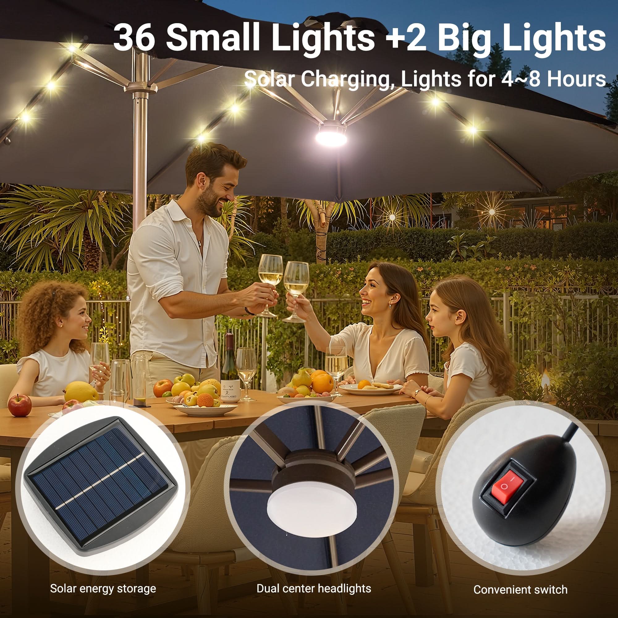 OVIOS double-sided patio umbrella with solar LED lights & dual center lighting.Dark Grey