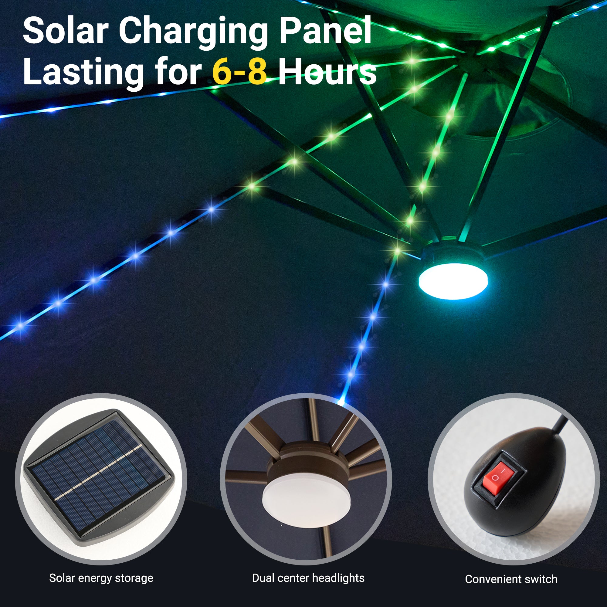 uni | OVIOS 15ft solar patio umbrella with RGB LED lights, solar panel, and control switch.