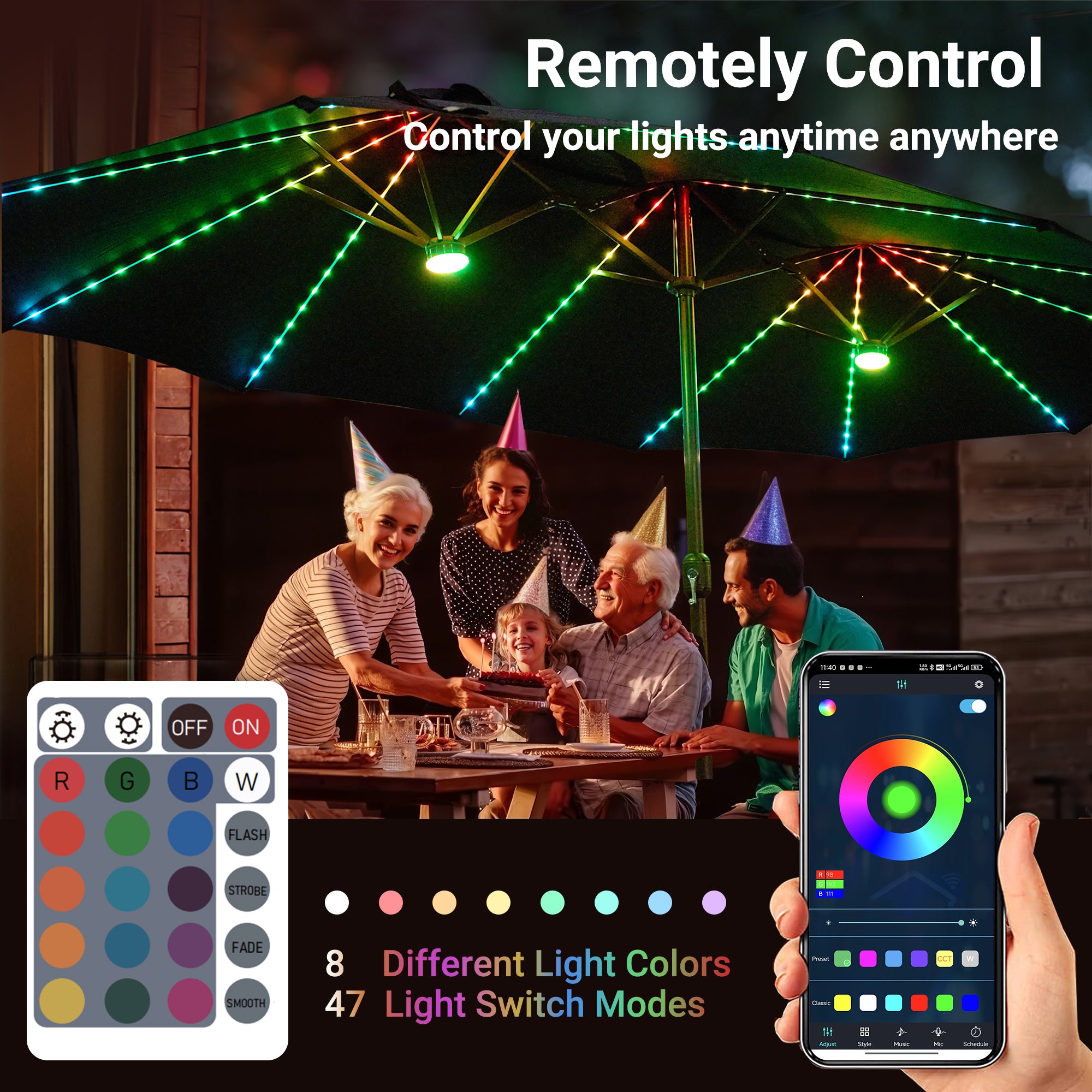 uni | OVIOS 15ft patio umbrella with RGB LED lights, remote, and app control for evening ambiance.General