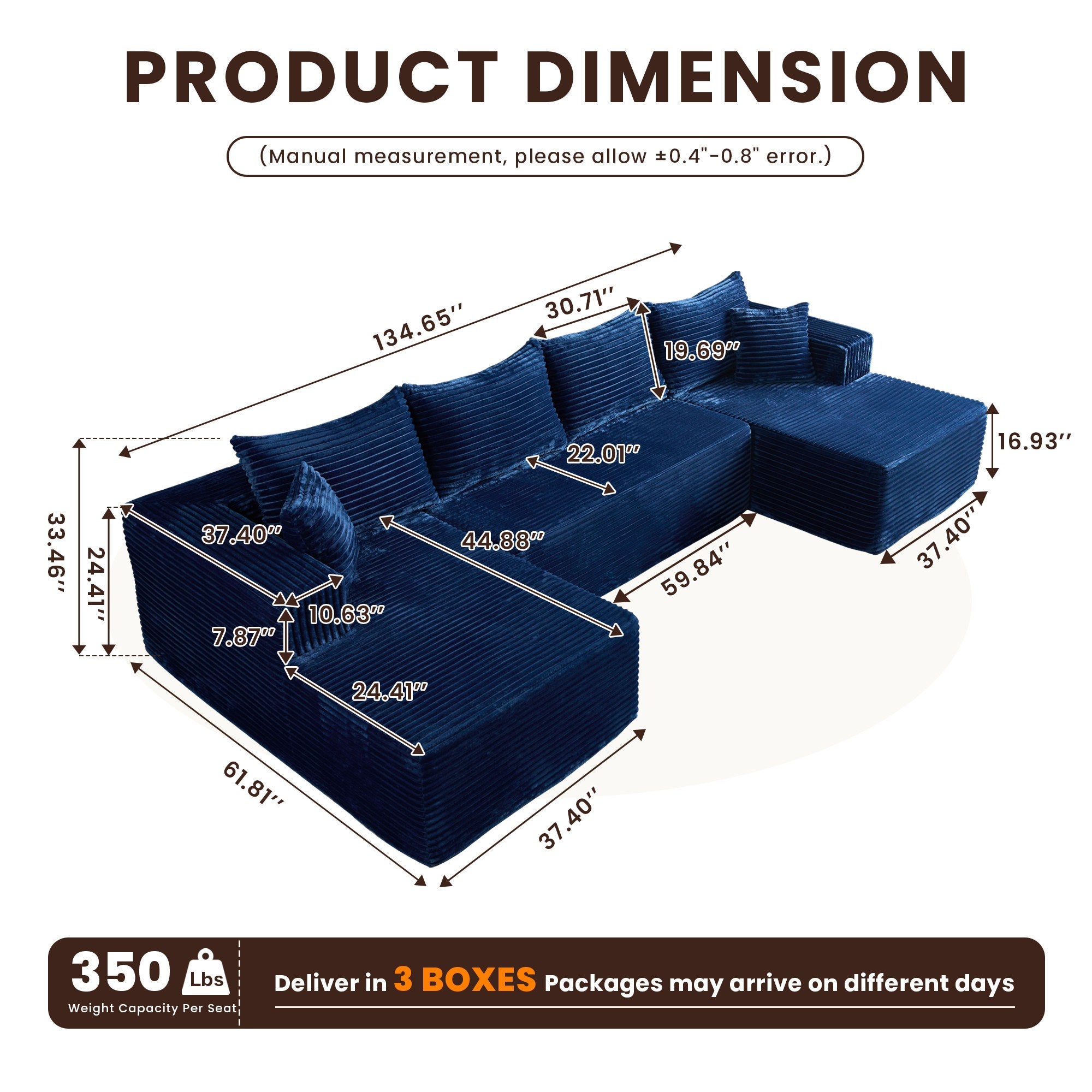 OVIOS 134" U-Shape Modular Couch , Plush Corduroy Fabric, No Assembly Required