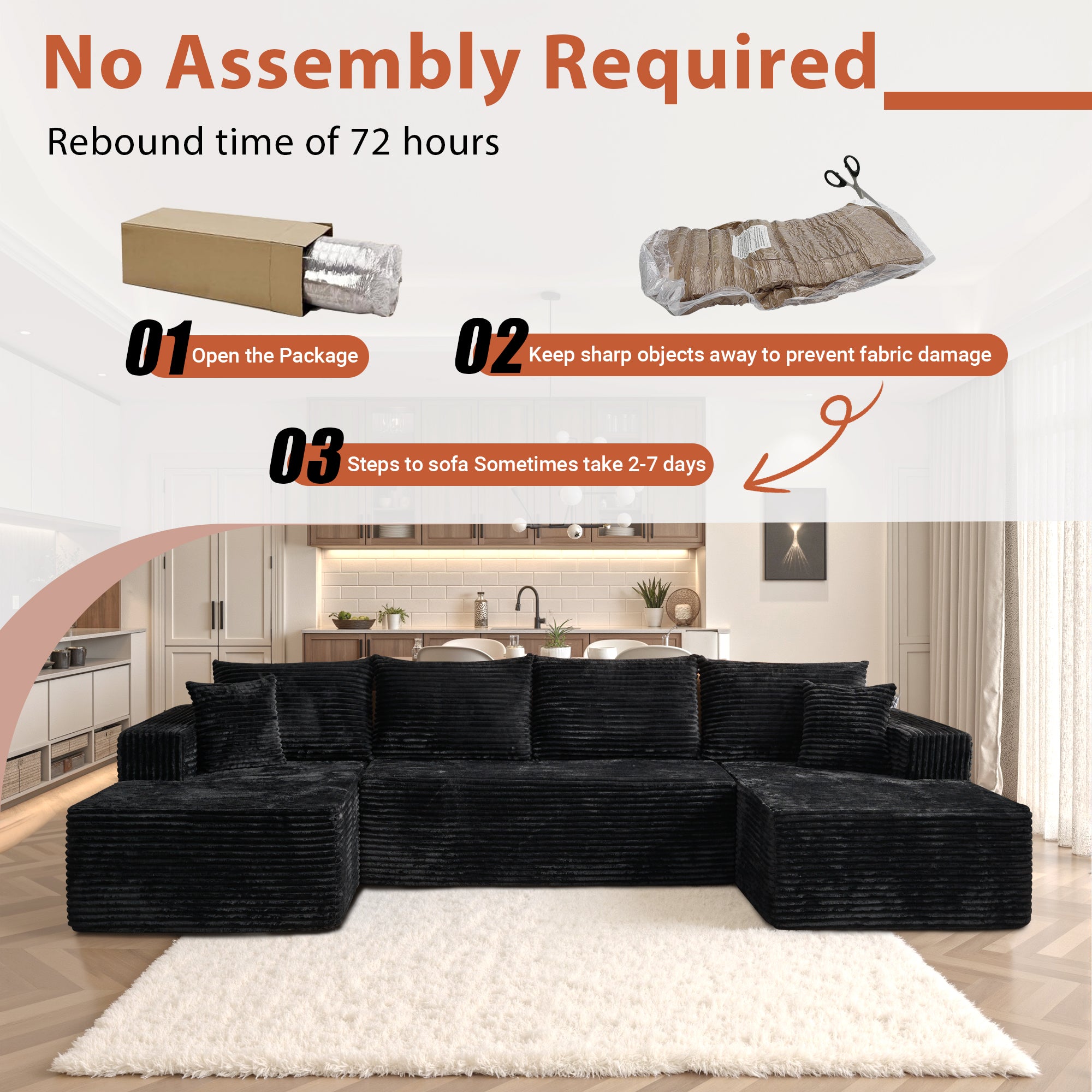 OVIOS 134" U-Shape Modular Couch , Plush Corduroy Fabric, No Assembly Required