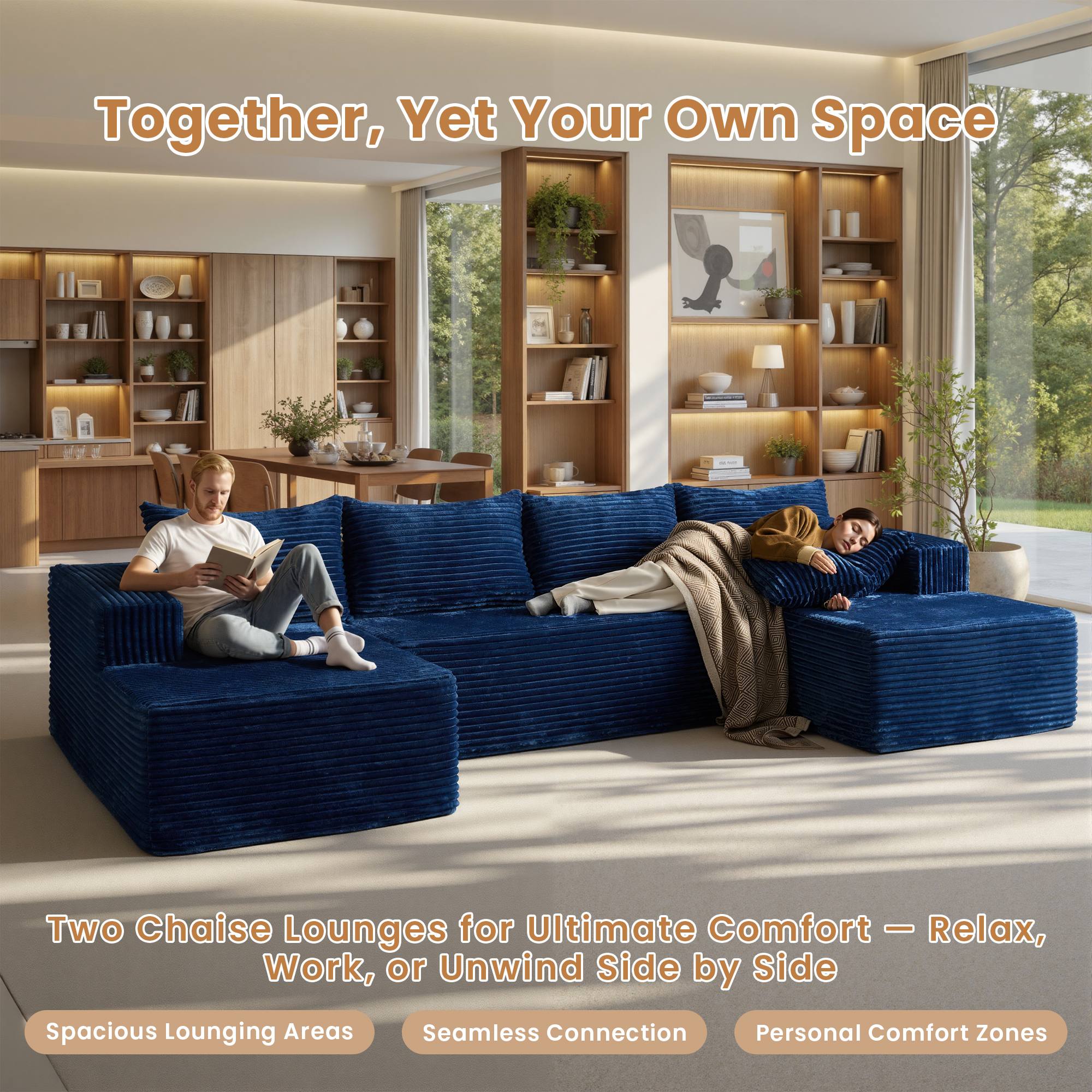 OVIOS 134" U-Shape Modular Couch , Plush Corduroy Fabric, No Assembly Required