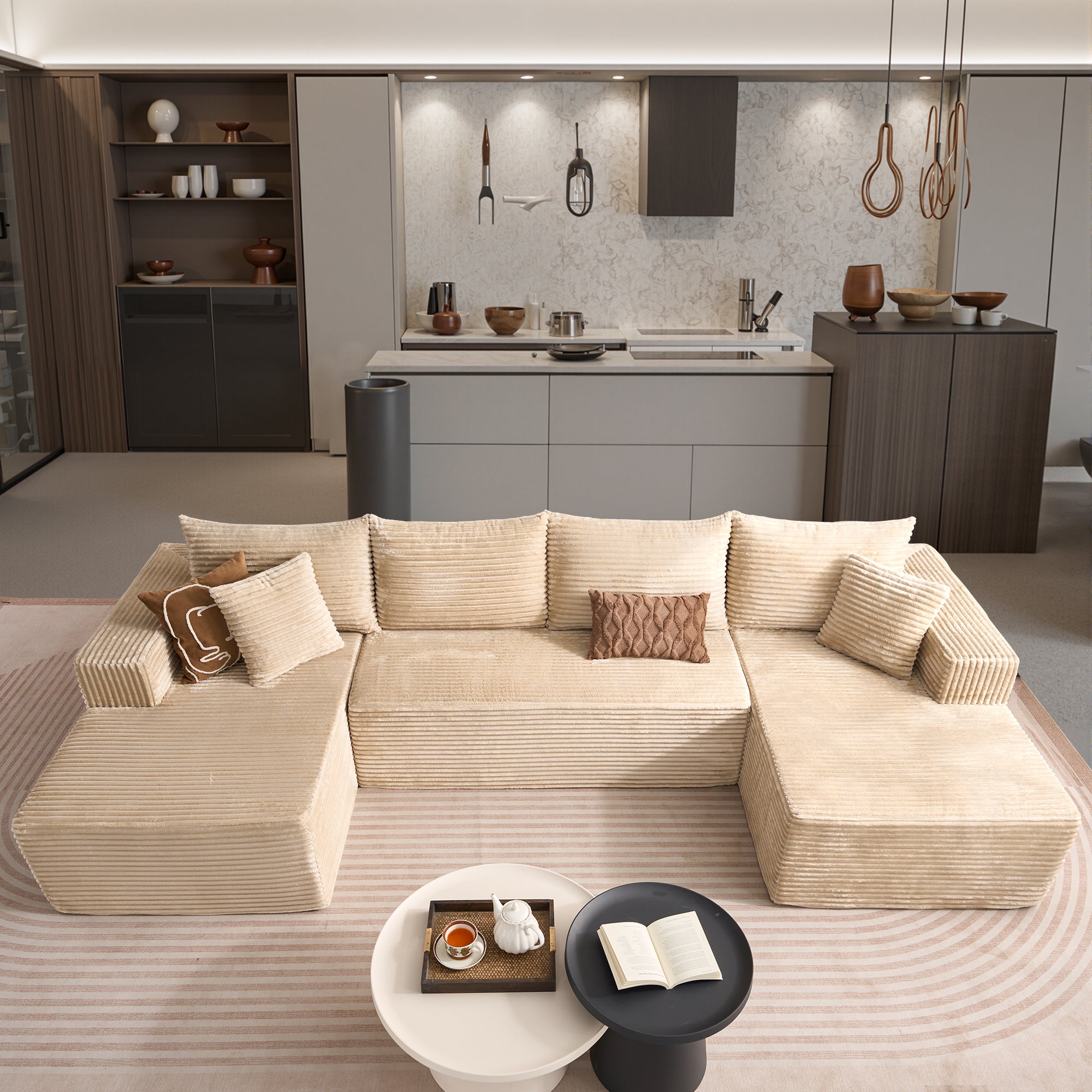 OVIOS 134" U-Shape Modular Couch , Plush Corduroy Fabric, No Assembly Required