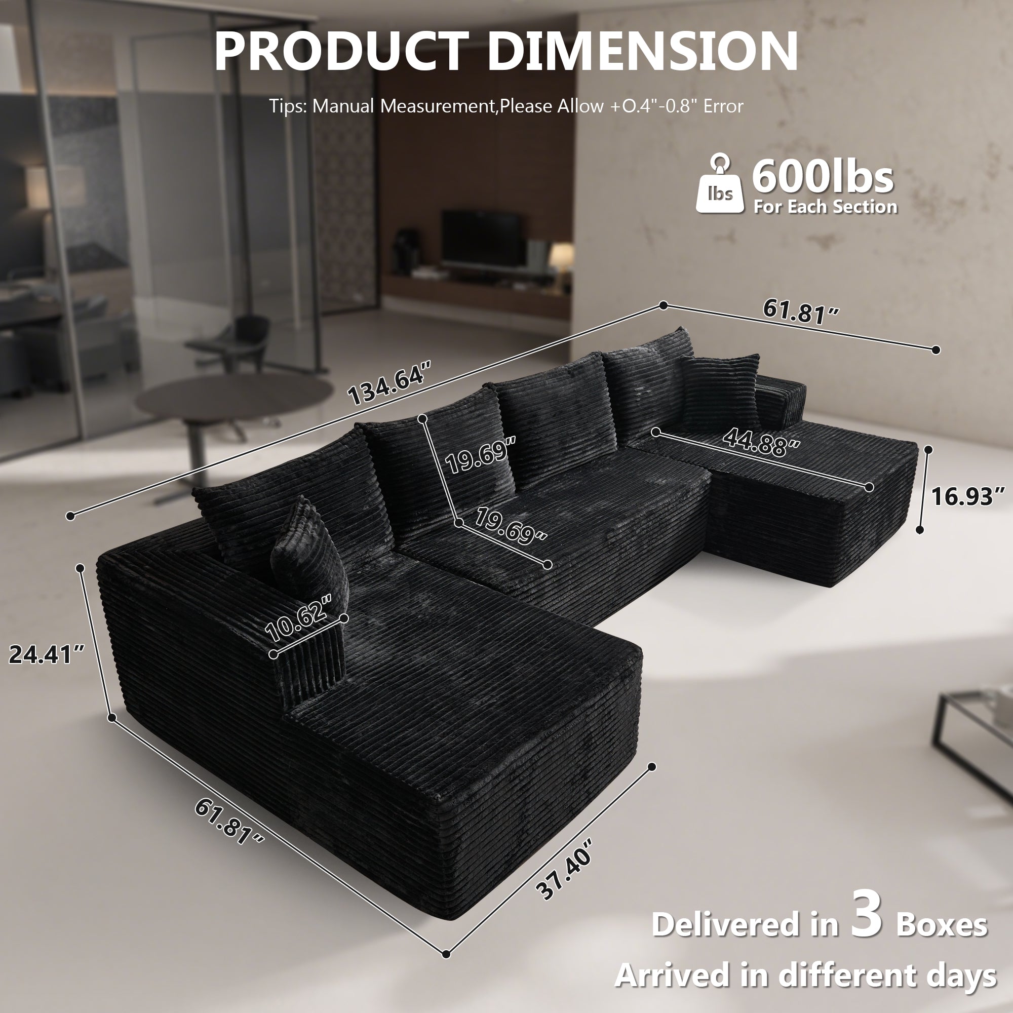 OVIOS 134" U-Shape Modular Couch , Plush Corduroy Fabric, No Assembly Required