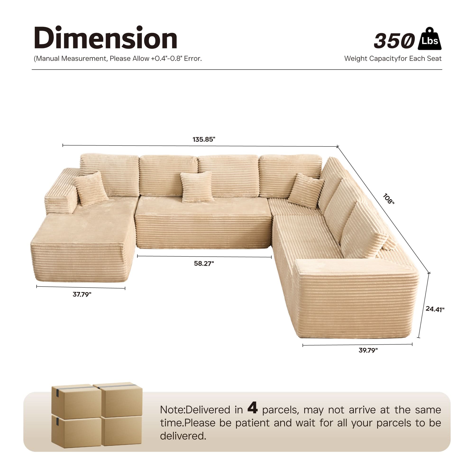 OVIOS Modular Sectional Cloud Couch, Plush Corduroy Sofa with Memory Foam, No Assembly