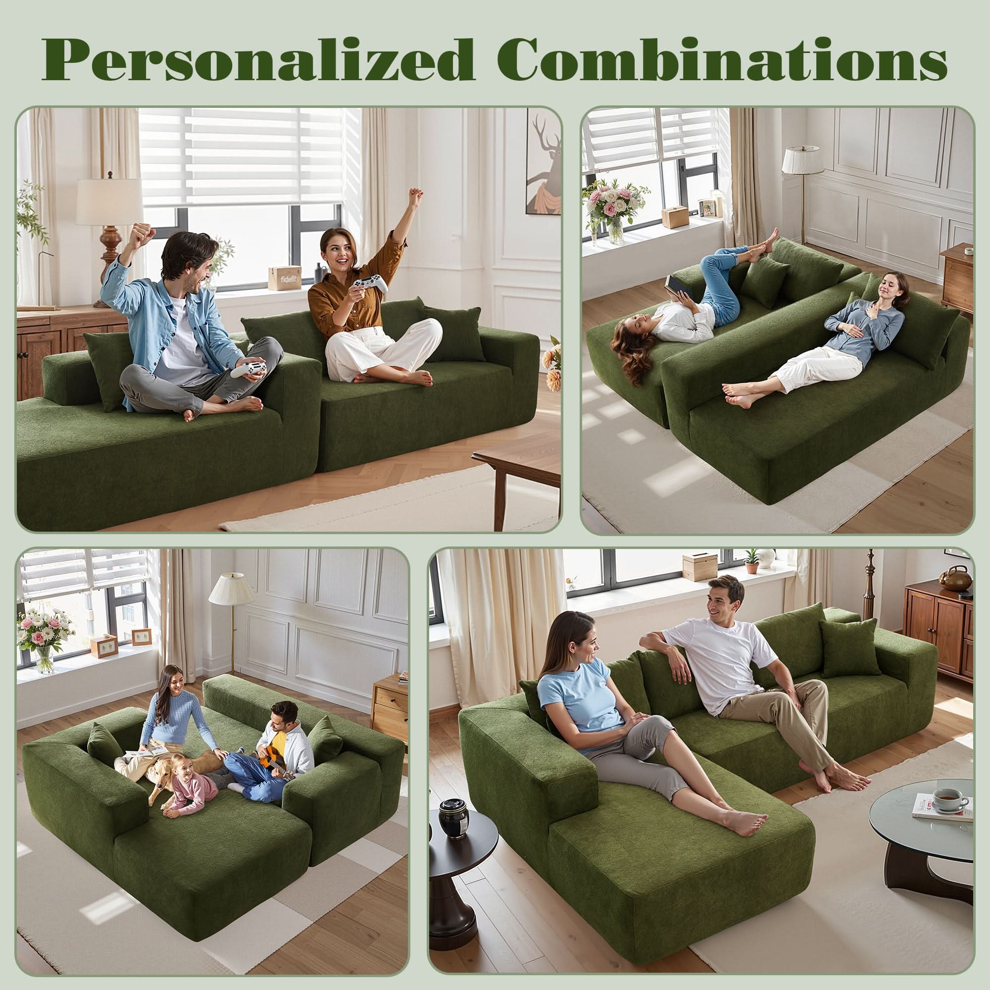 OVIOS Modern 3-Piece Sectional Sofa Set With Loveseat & Chaise Lounge, No-Assembly Design