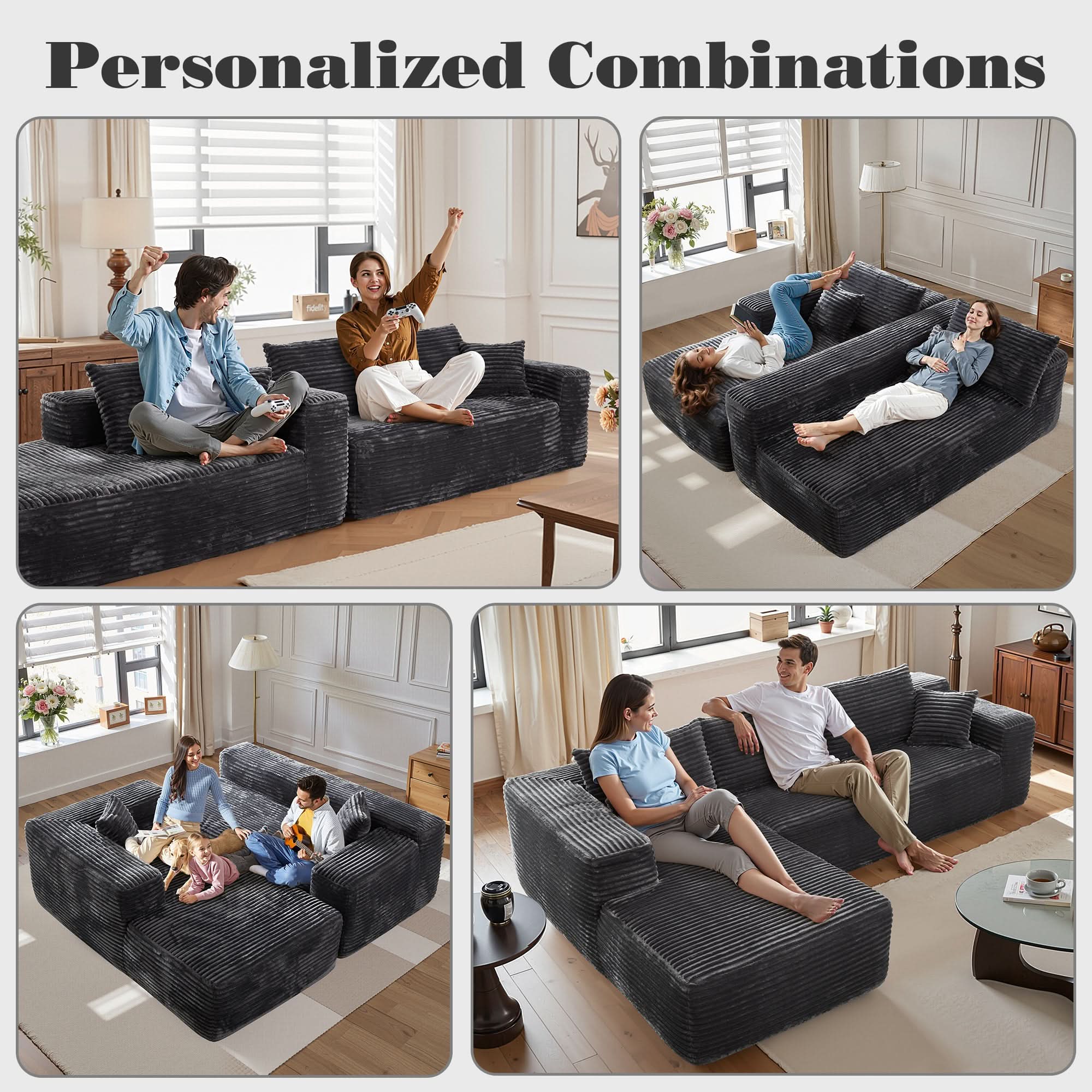 OVIOS Modern 3-Piece Sectional Sofa Set With Loveseat & Chaise Lounge, No-Assembly Design