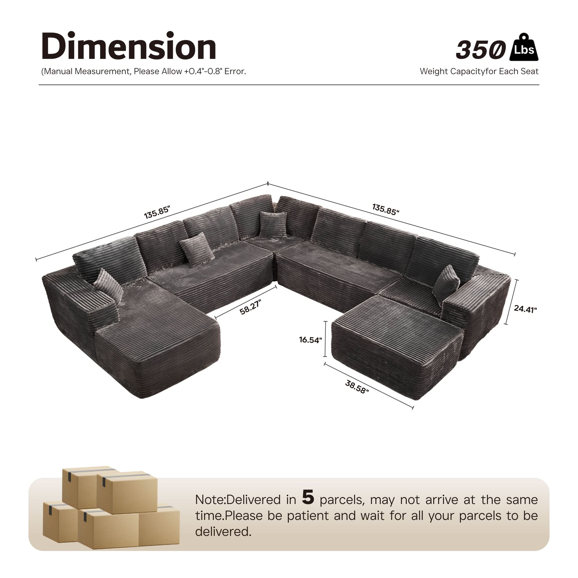 OVIOS Modular Sectional Cloud Couch, Plush Corduroy Sofa with Memory Foam, No Assembly