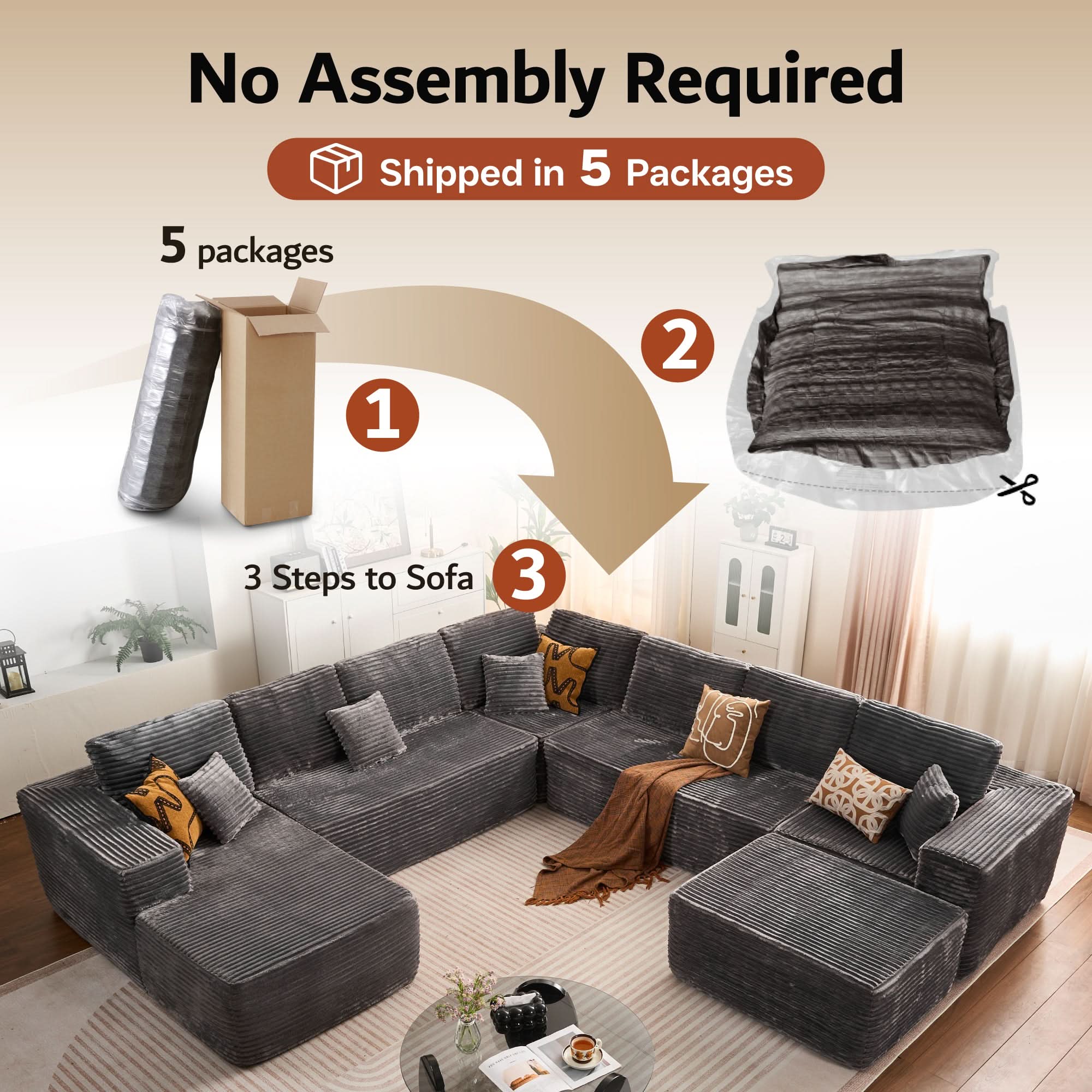 OVIOS Modular Sectional Cloud Couch, Plush Corduroy Sofa with Memory Foam, No Assembly