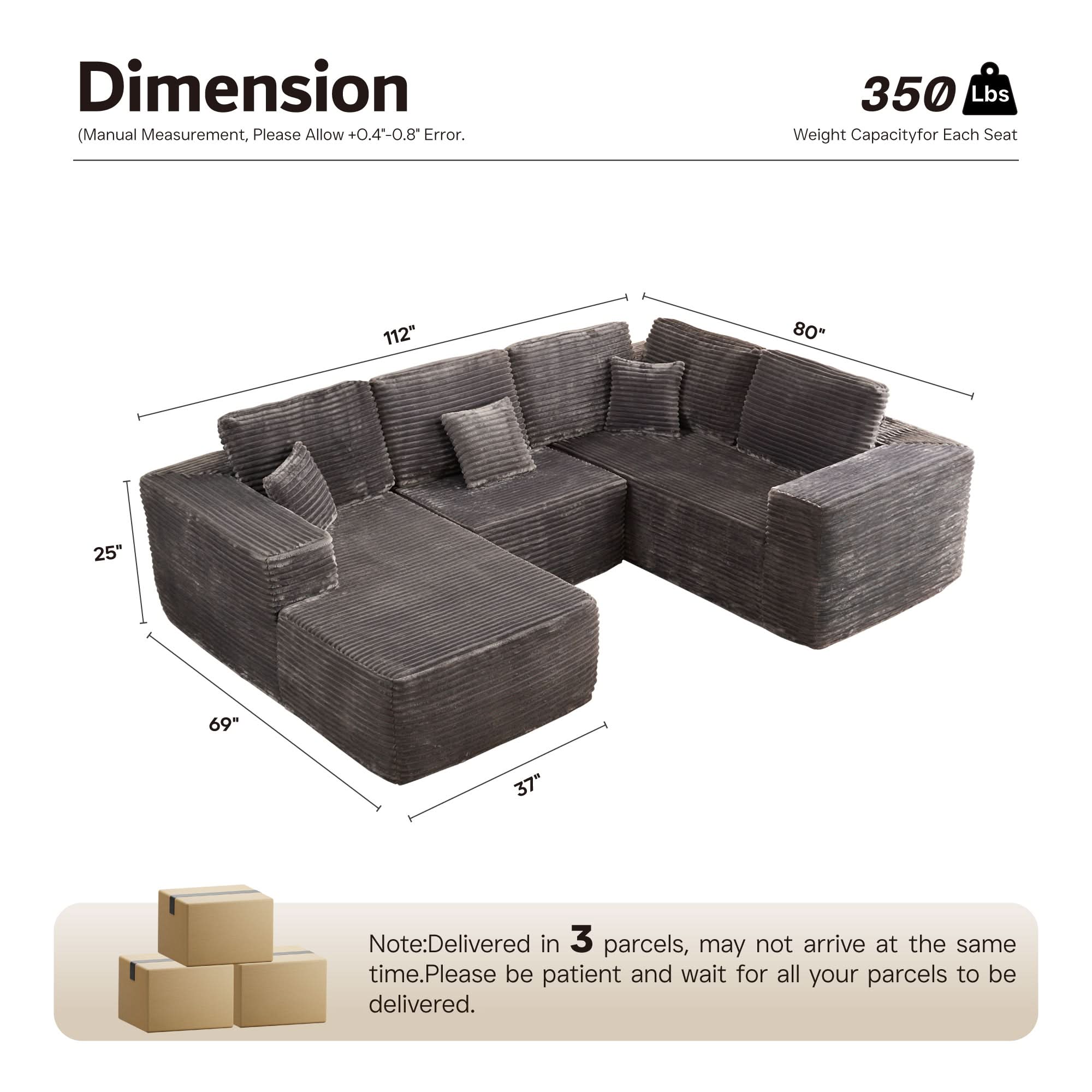 OVIOS Modular Sectional Cloud Couch, Plush Corduroy Sofa with Memory Foam, No Assembly