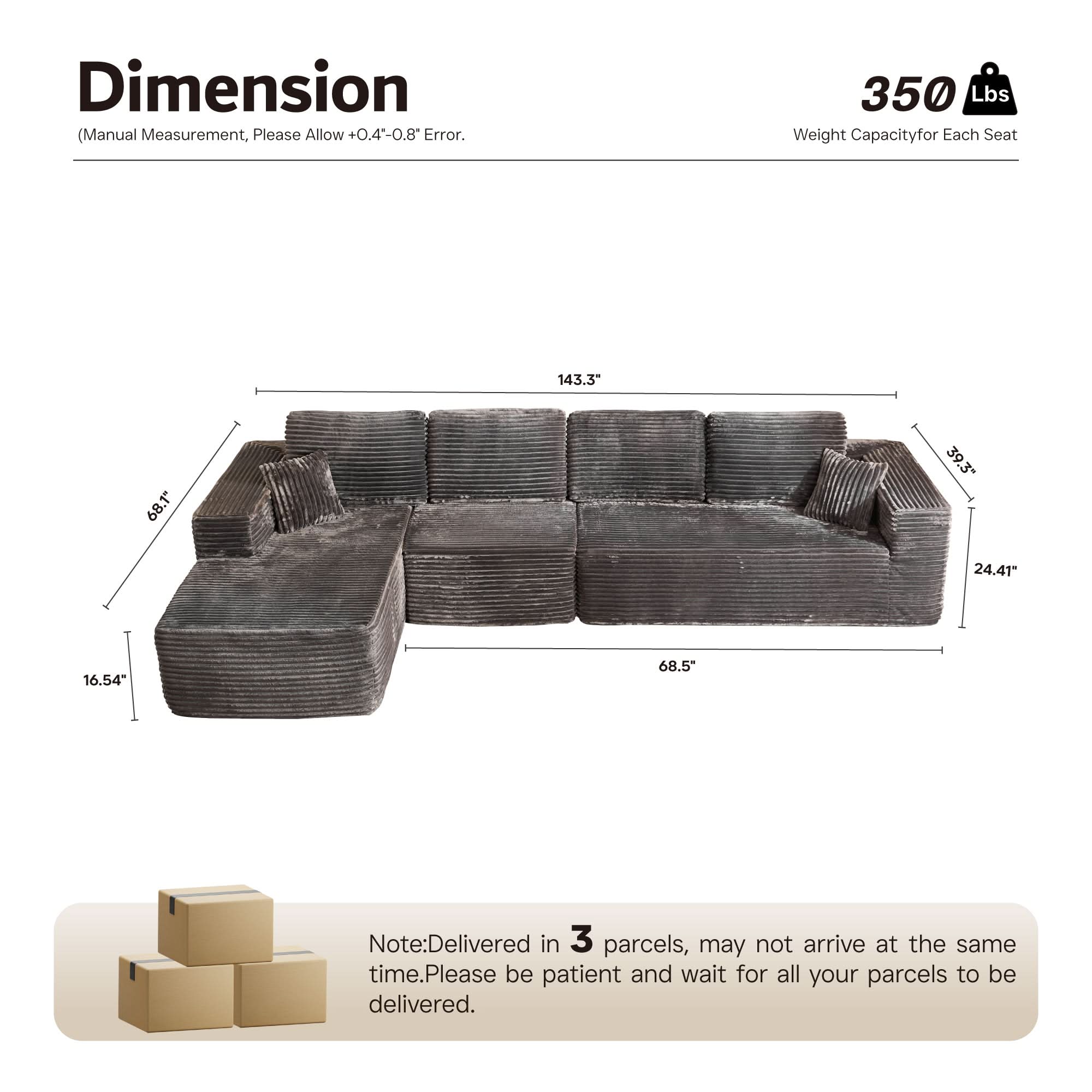 OVIOS Modular Sectional Cloud Couch, Plush Corduroy Sofa with Memory Foam, No Assembly