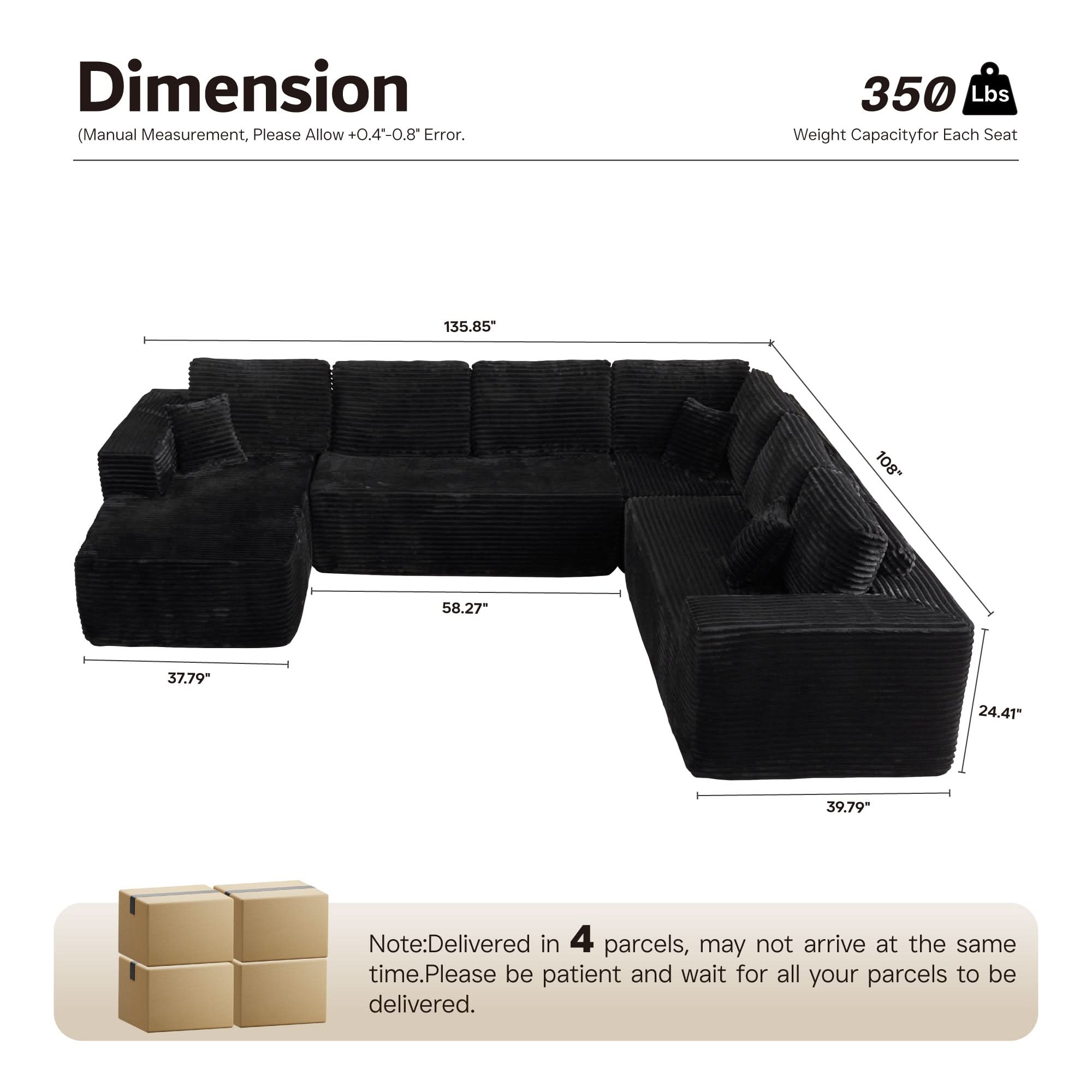 OVIOS Modular Sectional Cloud Couch, Plush Corduroy Sofa with Memory Foam, No Assembly