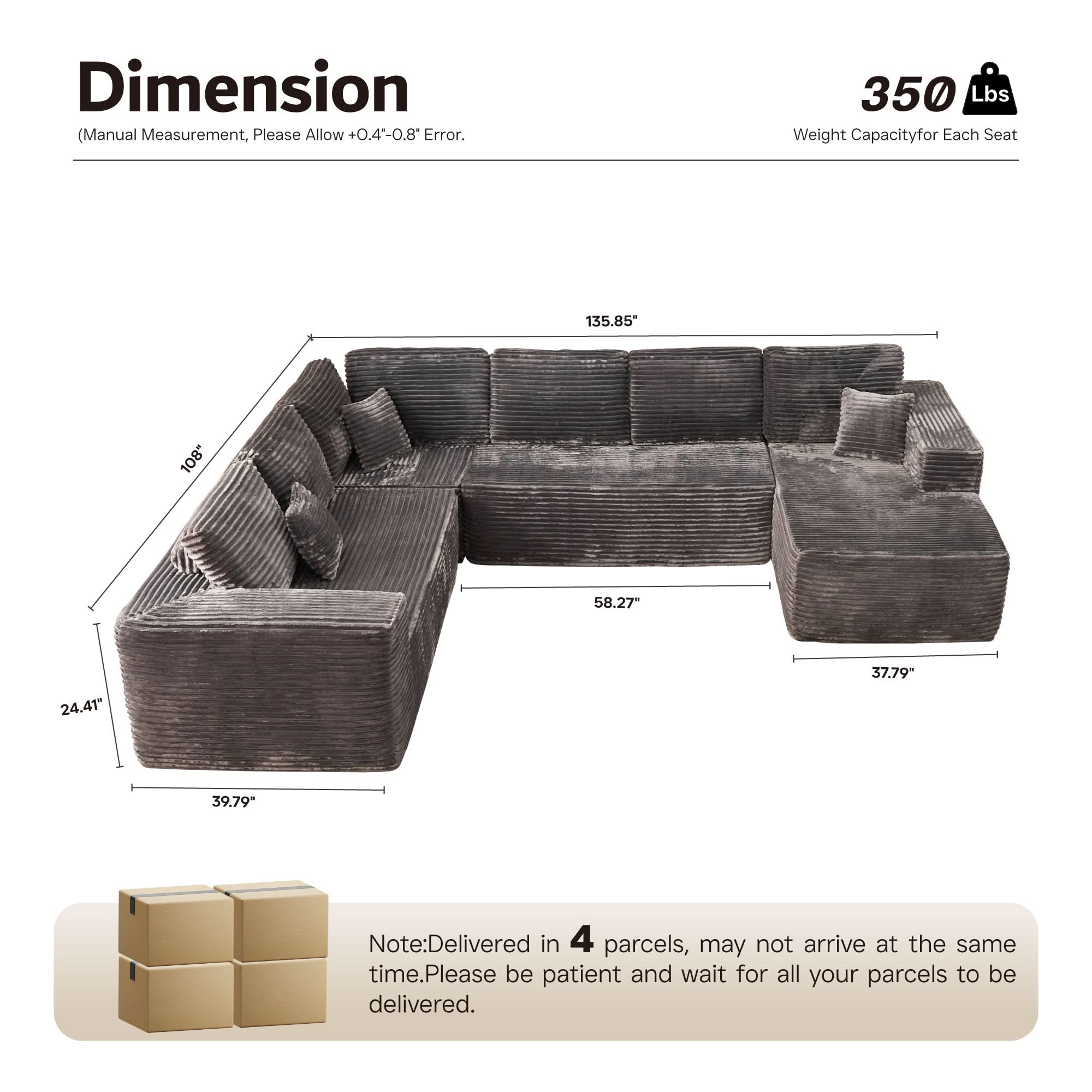 OVIOS Modular Sectional Cloud Couch, Plush Corduroy Sofa with Memory Foam, No Assembly