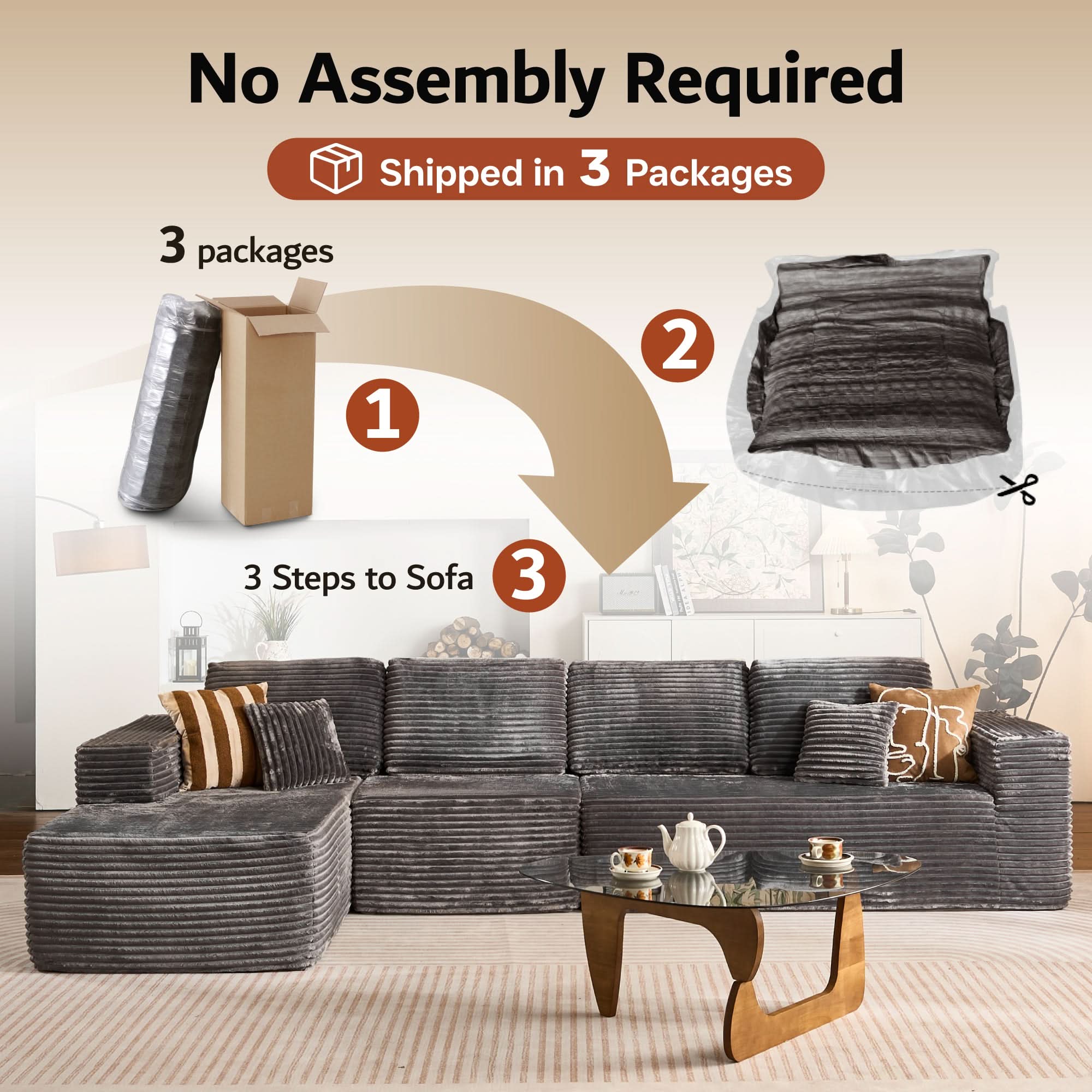 OVIOS Modular Sectional Cloud Couch, Plush Corduroy Sofa with Memory Foam, No Assembly