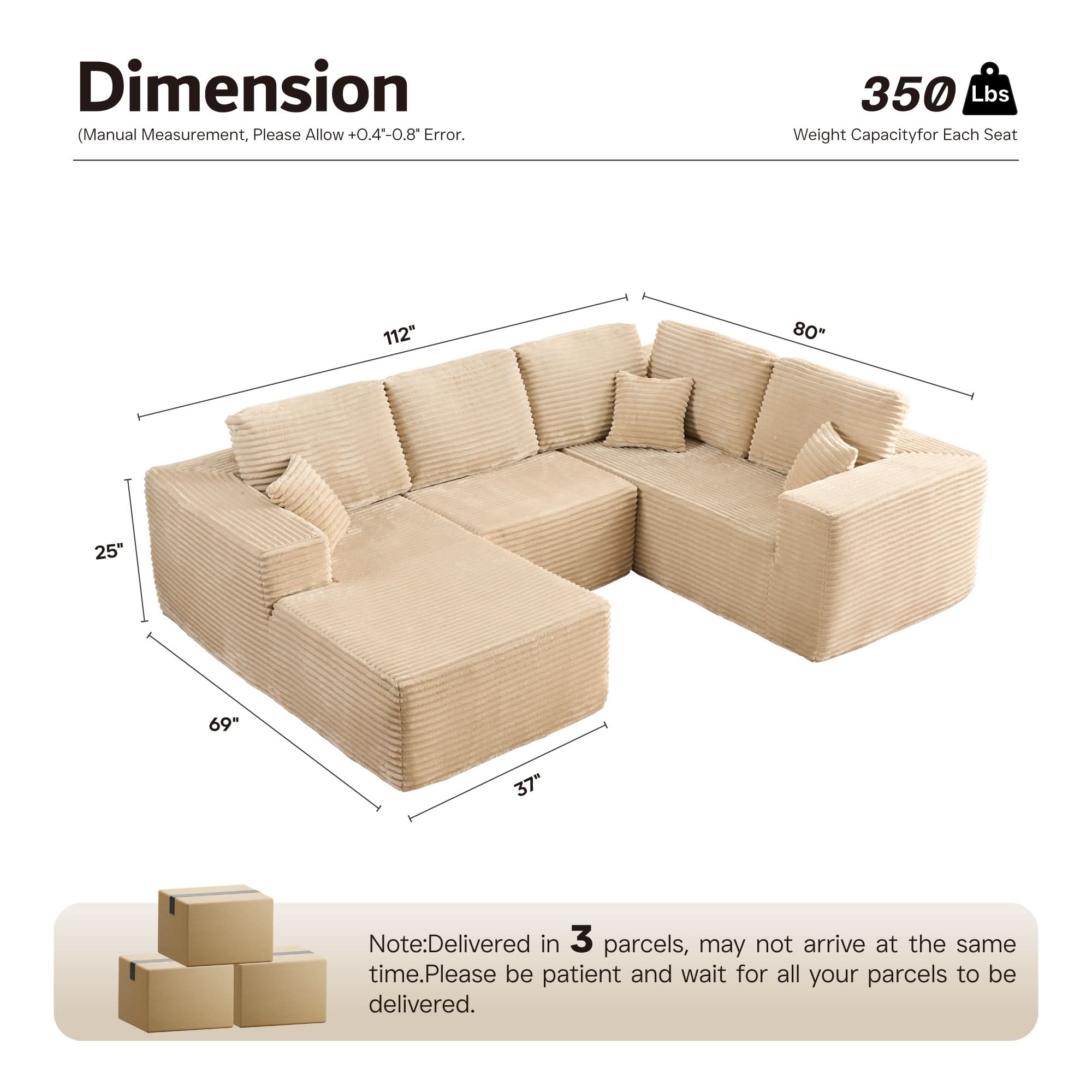 OVIOS Modular Sectional Cloud Couch, Plush Corduroy Sofa with Memory Foam, No Assembly