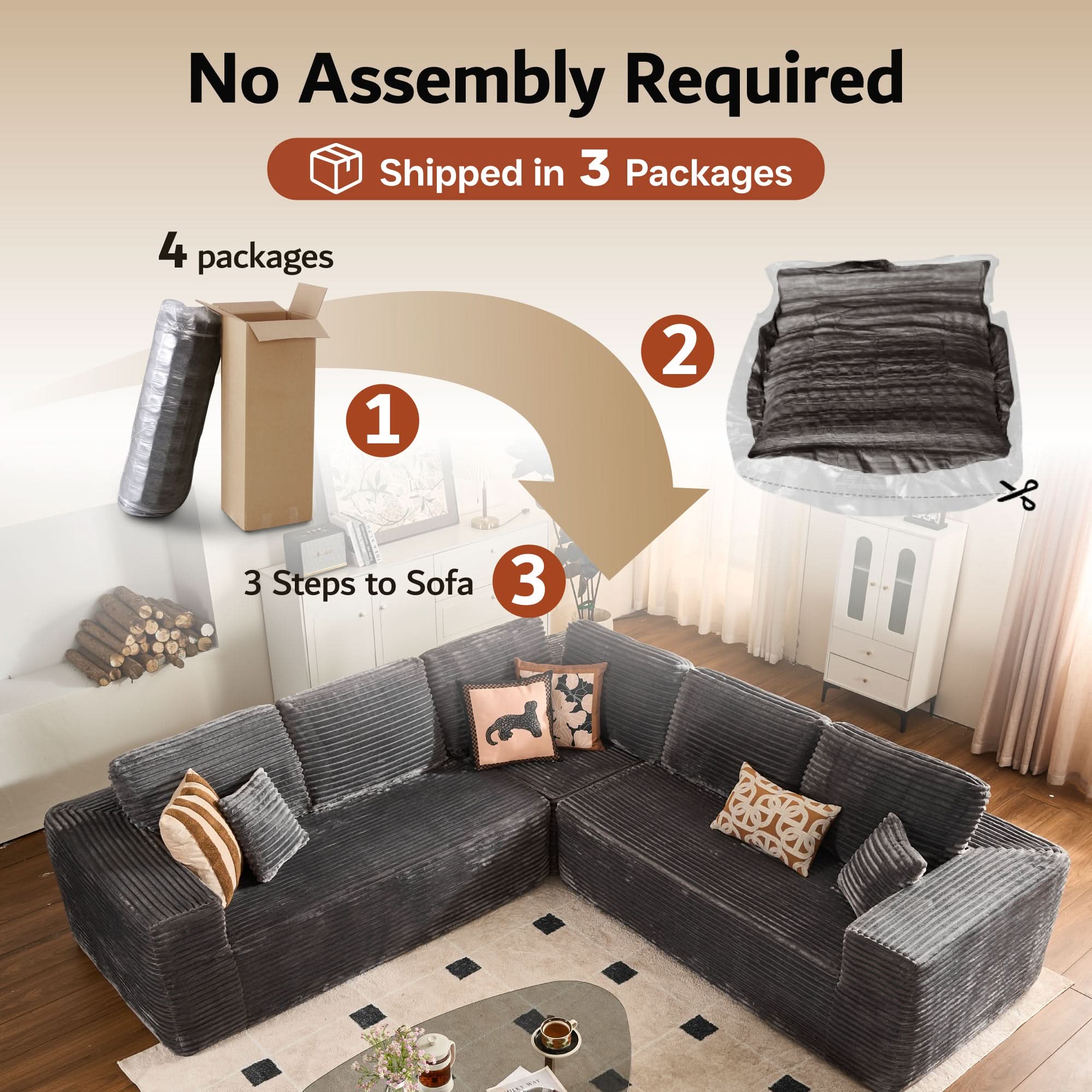 OVIOS Modular Sectional Cloud Couch, Plush Corduroy Sofa with Memory Foam, No Assembly