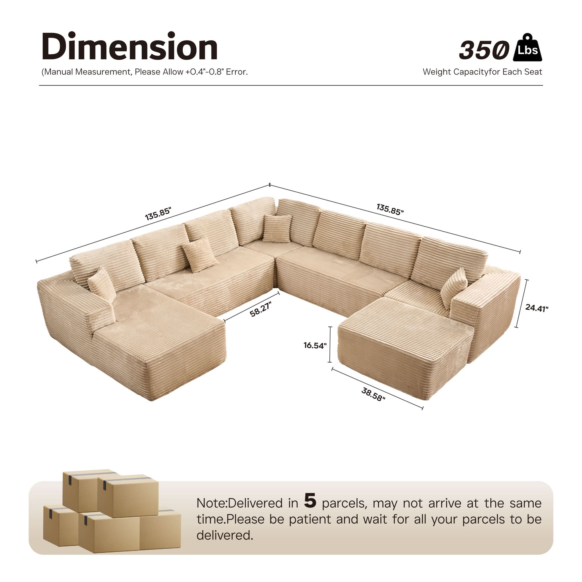 OVIOS Modular Sectional Cloud Couch, Plush Corduroy Sofa with Memory Foam, No Assembly