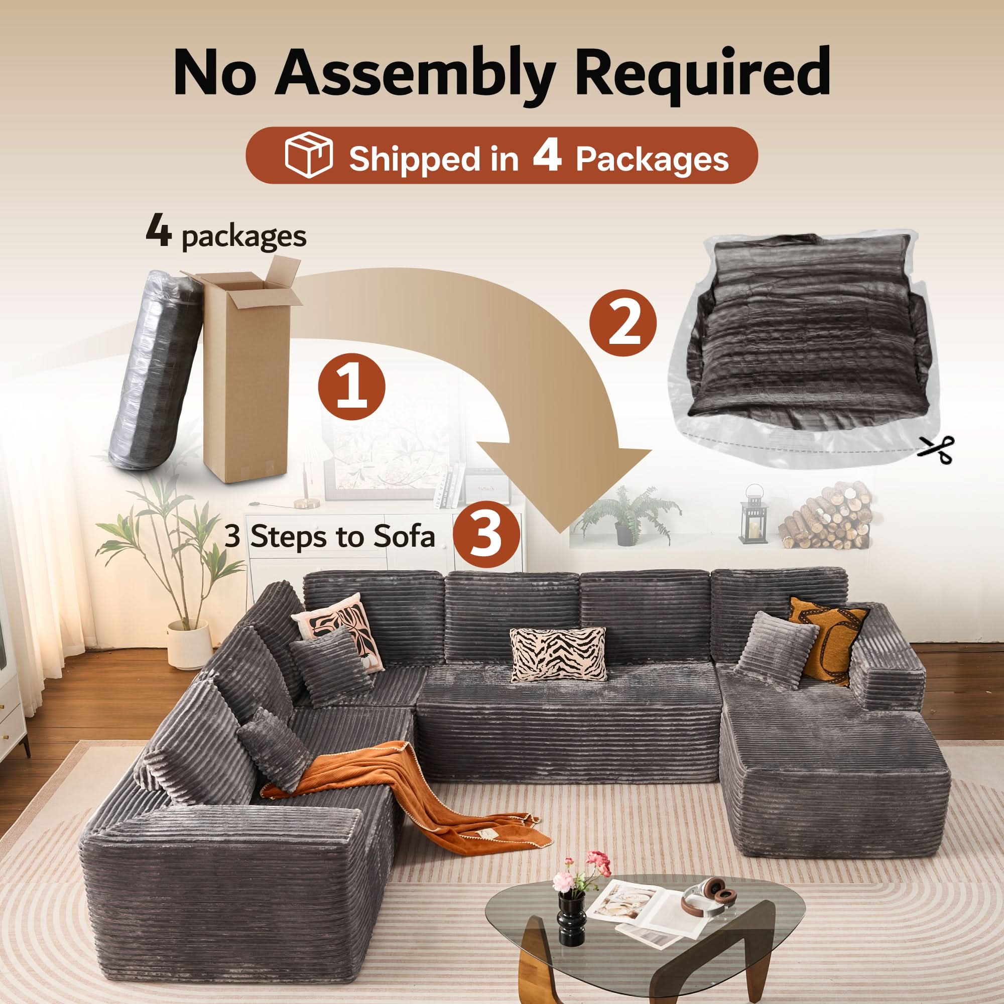 OVIOS Modular Sectional Cloud Couch, Plush Corduroy Sofa with Memory Foam, No Assembly