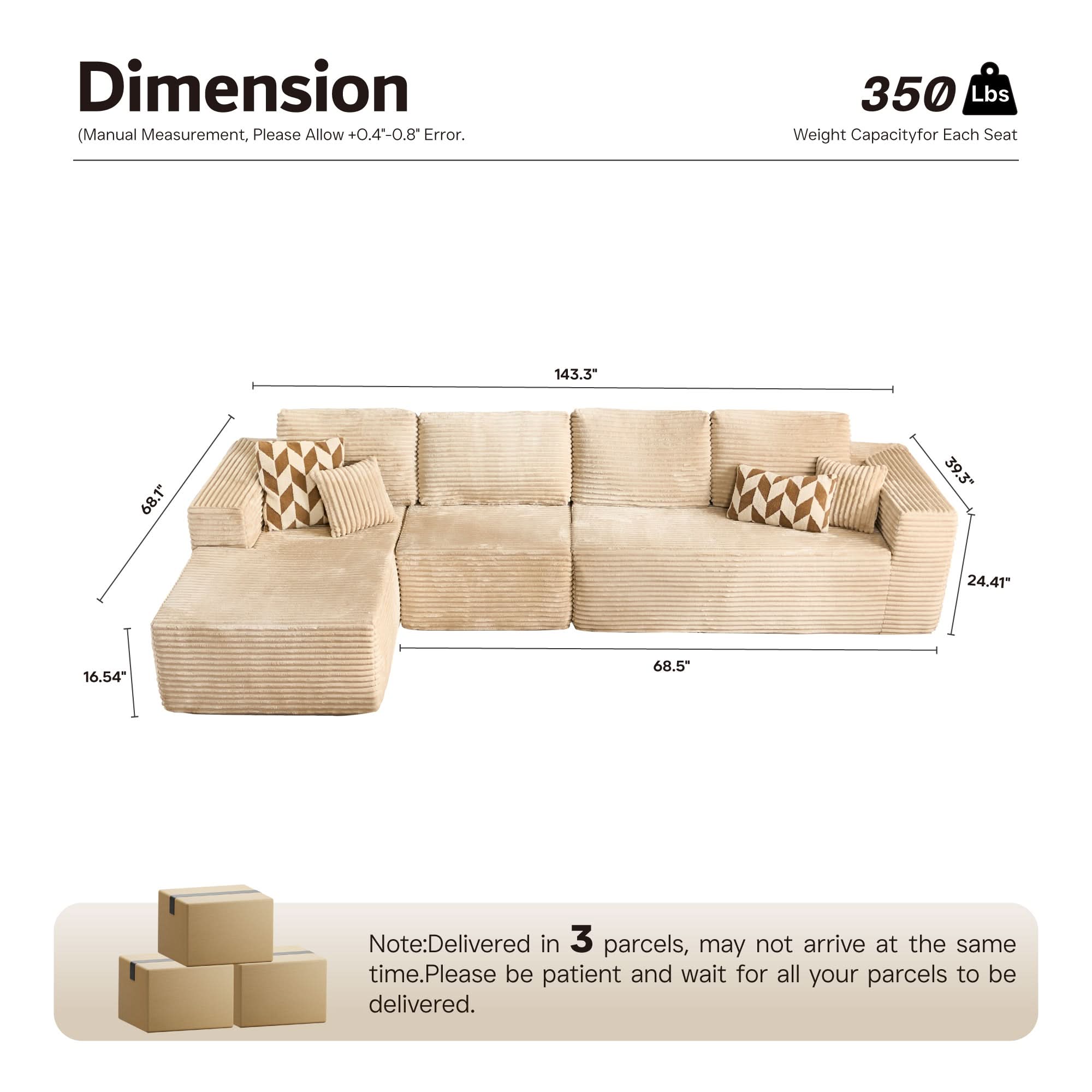 OVIOS Modular Sectional Cloud Couch, Plush Corduroy Sofa with Memory Foam, No Assembly