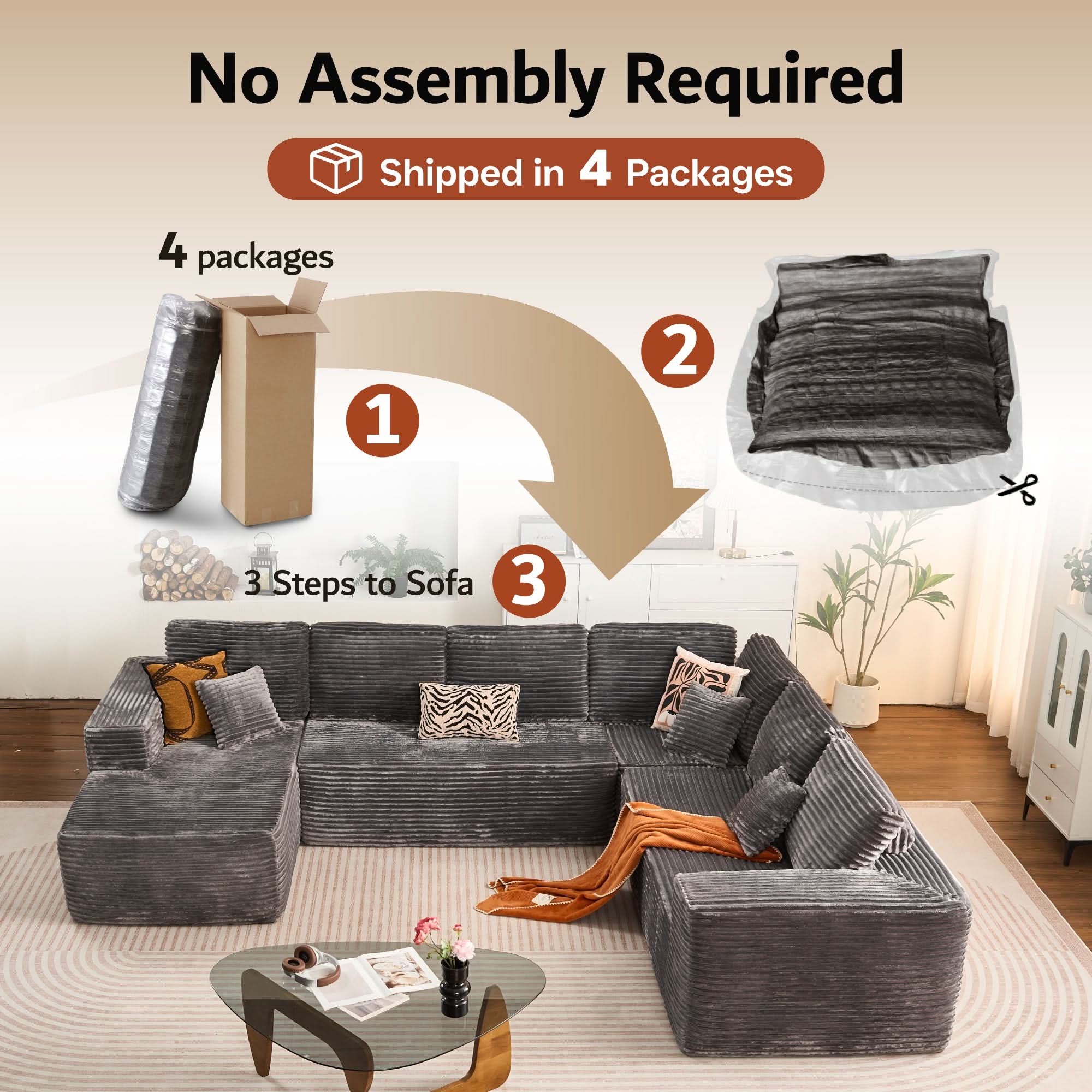OVIOS Modular Sectional Cloud Couch, Plush Corduroy Sofa with Memory Foam, No Assembly