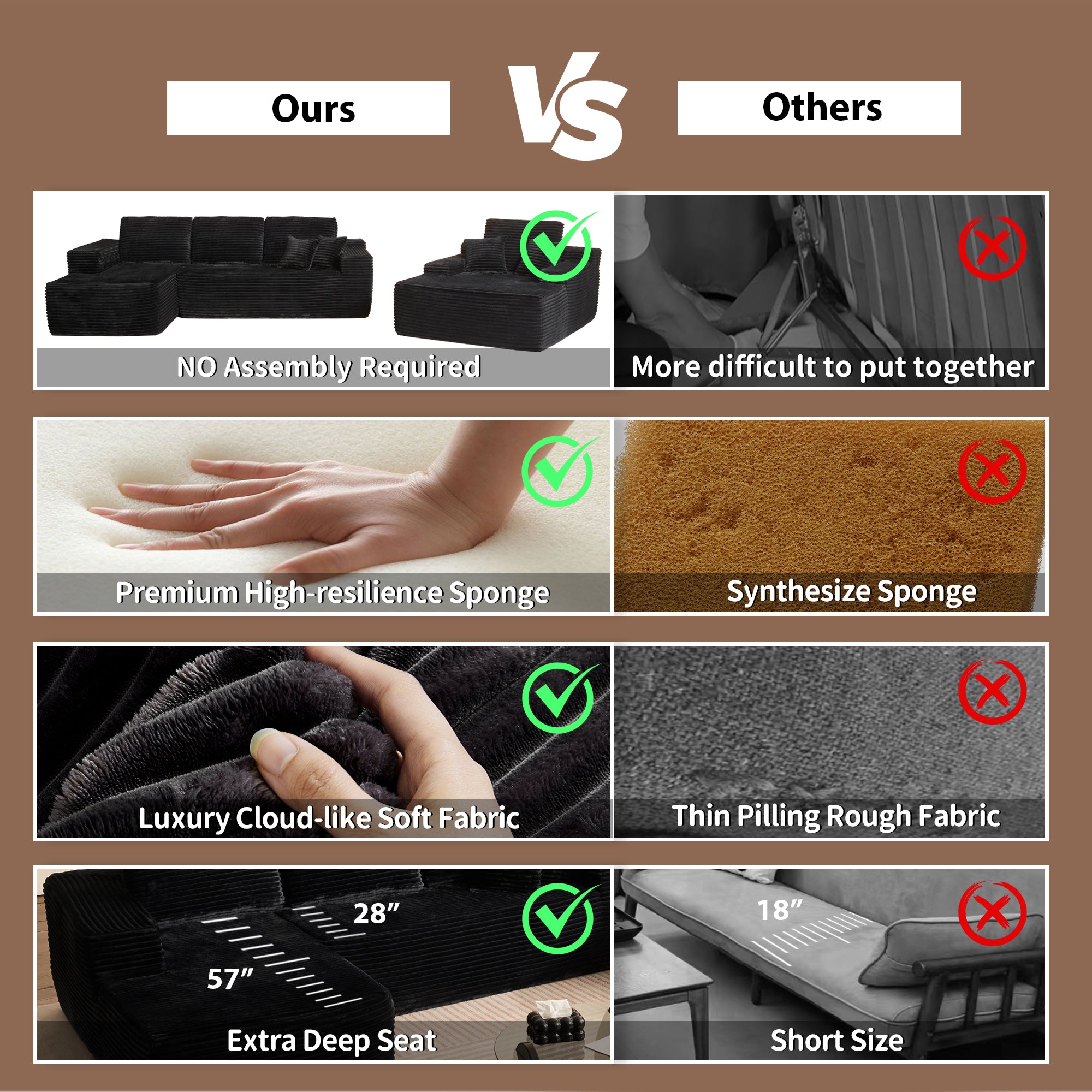 OVIOS Cloud Sectional Couch with Comfy Chaise