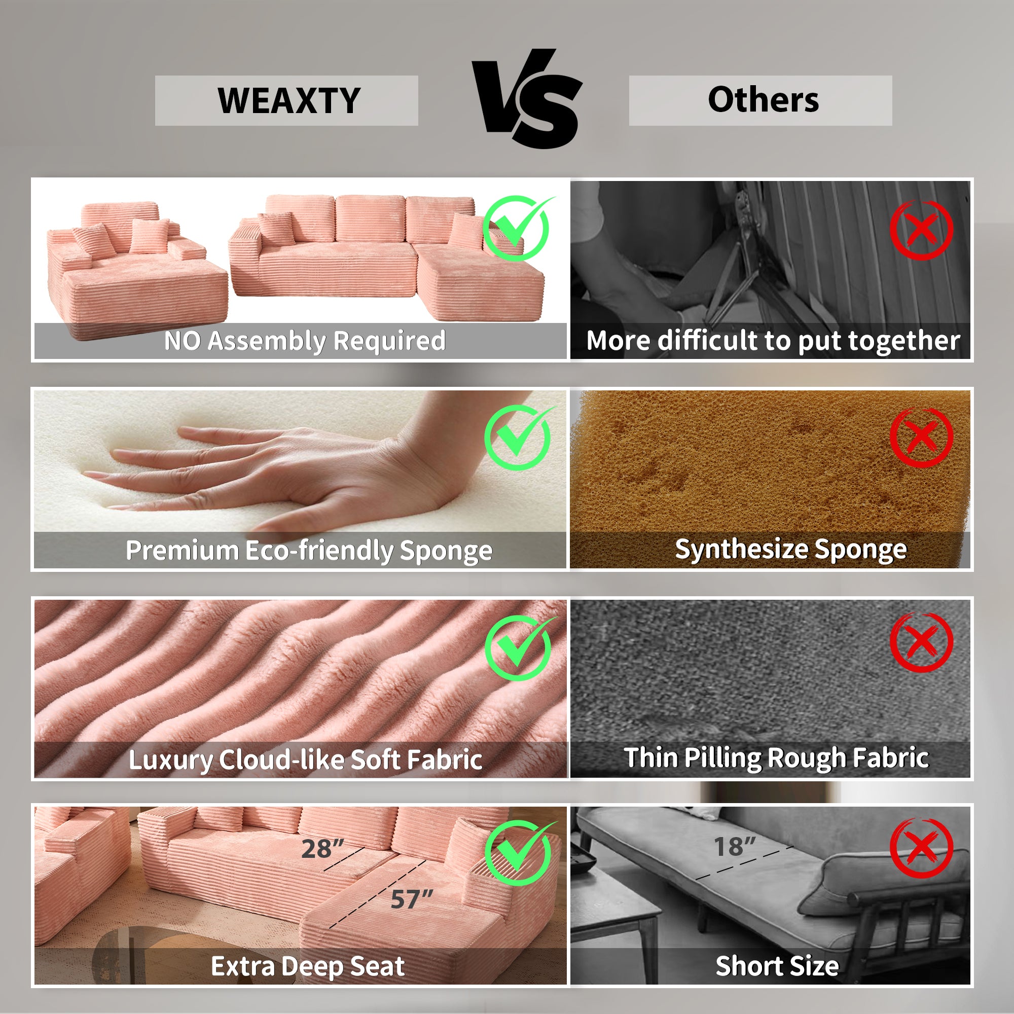 OVIOS Cloud Sectional Couch with Comfy Chaise