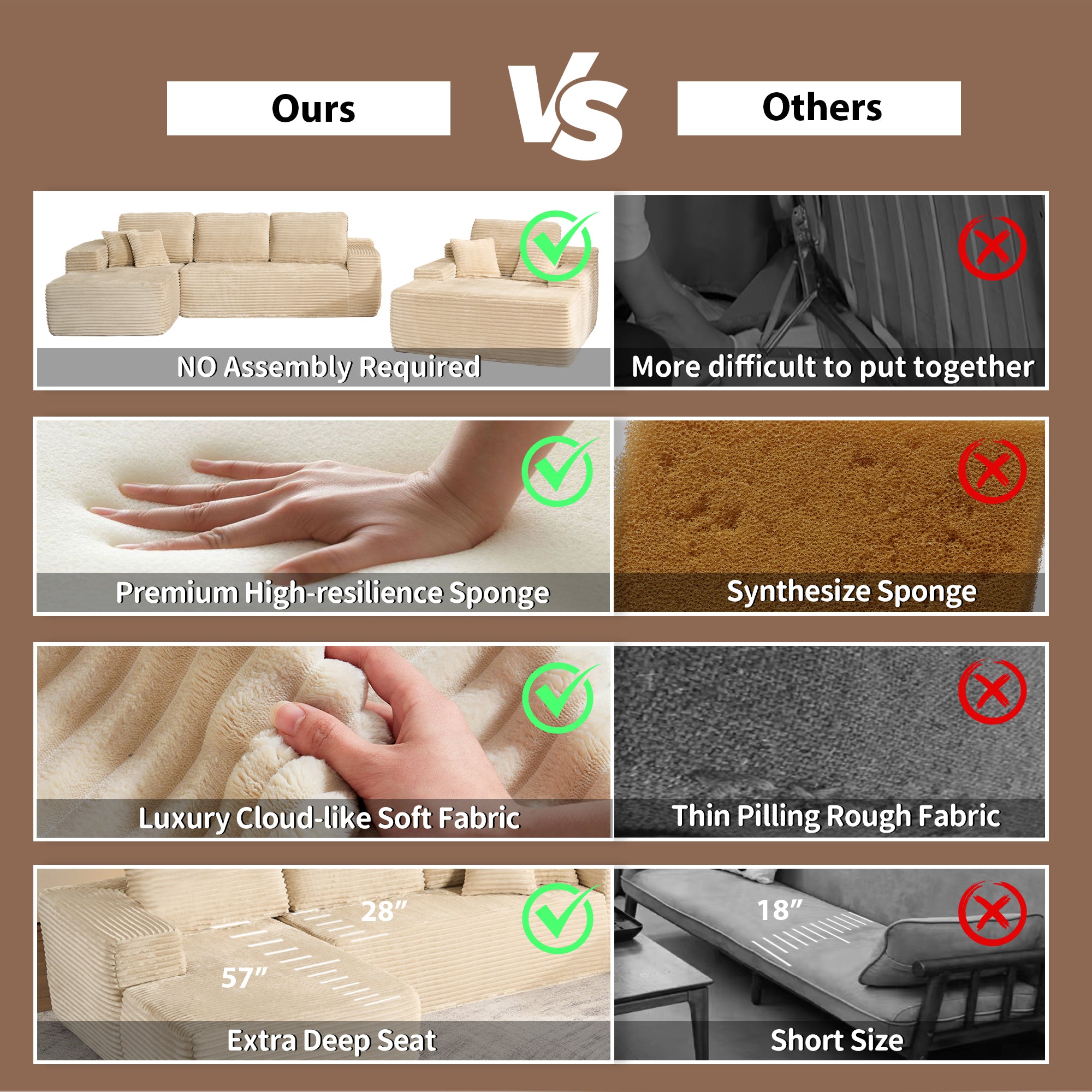 OVIOS Cloud Sectional Couch with Comfy Chaise