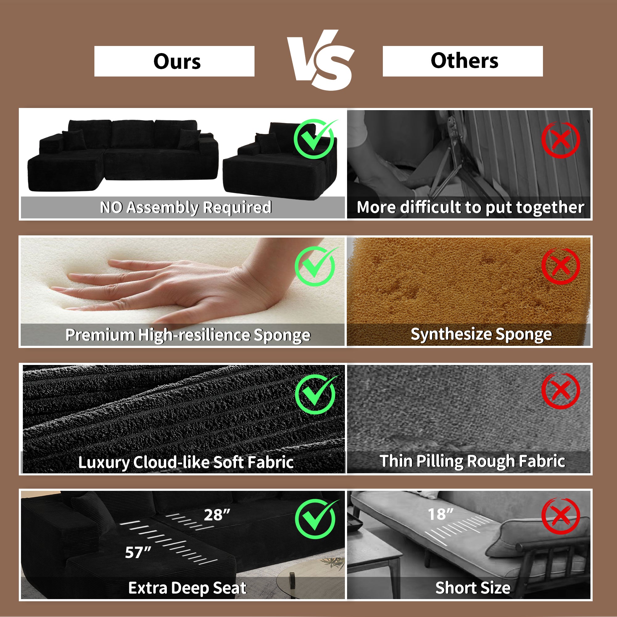 OVIOS Cloud Sectional Couch with Comfy Chaise