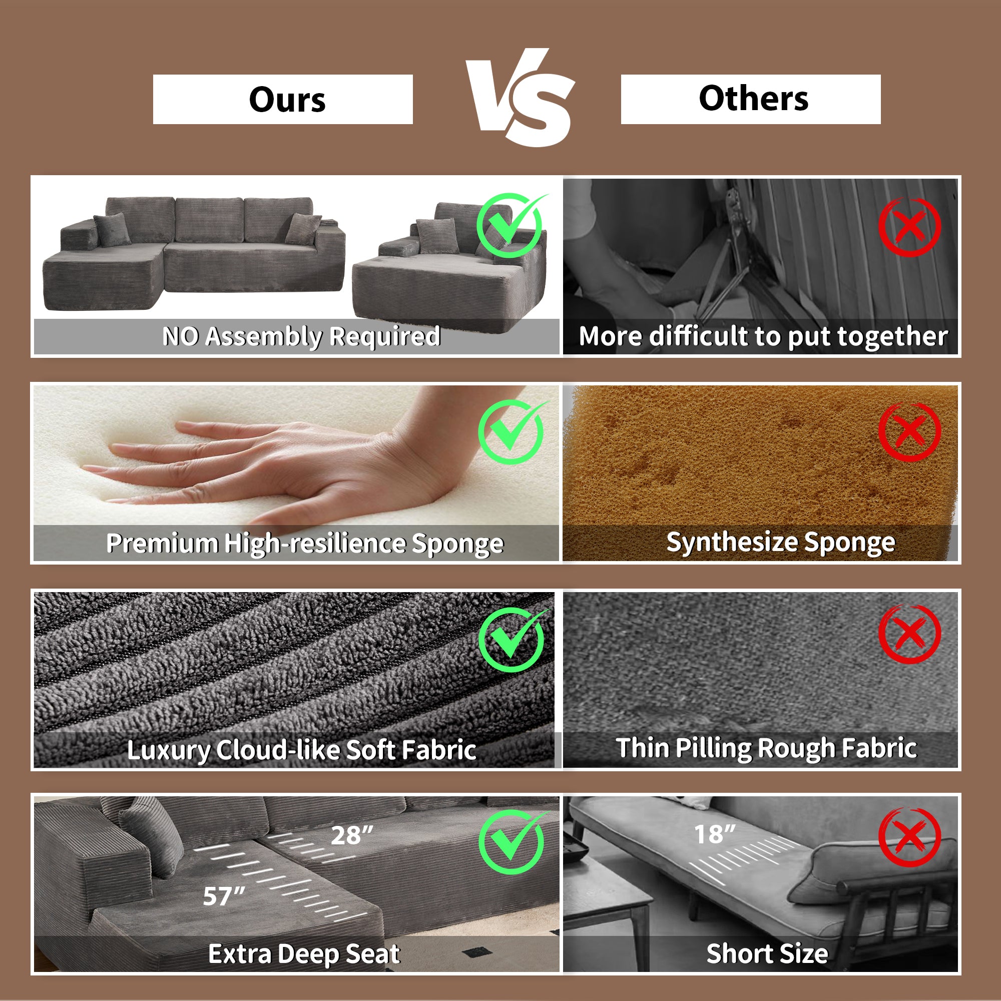 OVIOS Cloud Sectional Couch with Comfy Chaise